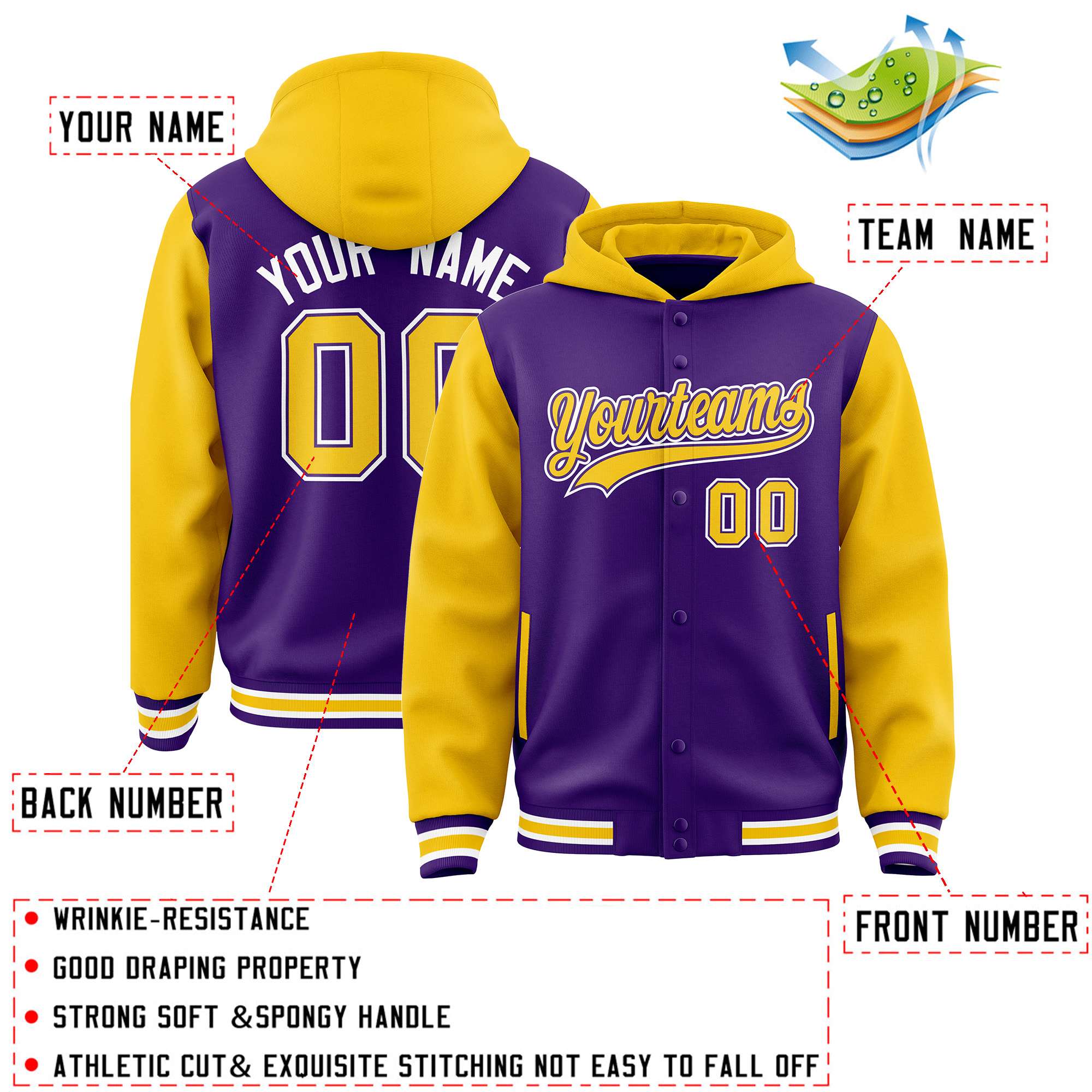 Custom Purple Gold Raglan Sleeves Varsity Full-Snap Letterman Two Tone Jacket Hoodie| KXKSHOP