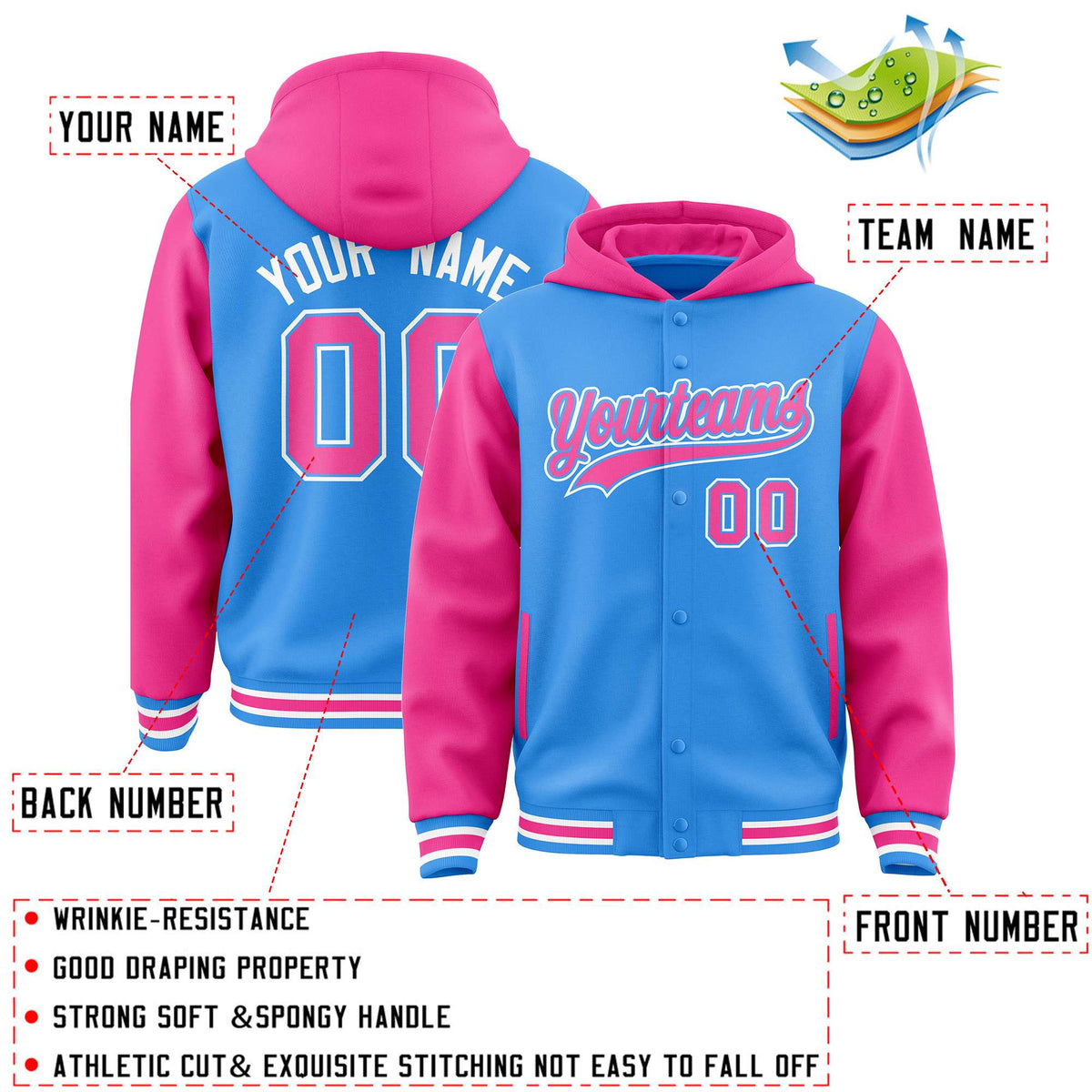 Custom Powder Blue Pink Raglan Sleeves Varsity Full-Snap Letterman Two Tone Jacket Hoodie| KXKSHOP