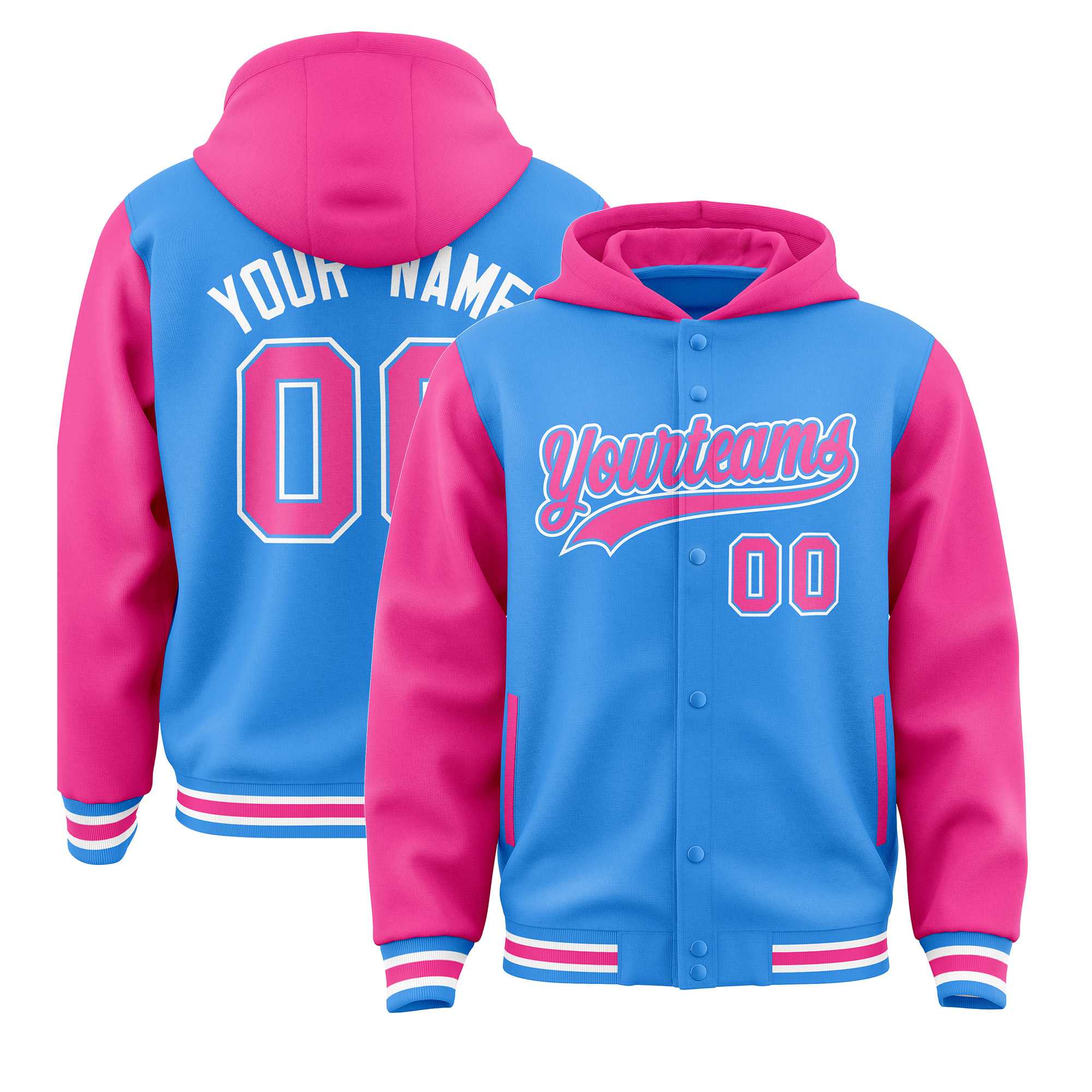 Custom Powder Blue Pink Raglan Sleeves Varsity Full-Snap Letterman Two Tone Jacket Hoodie| KXKSHOP
