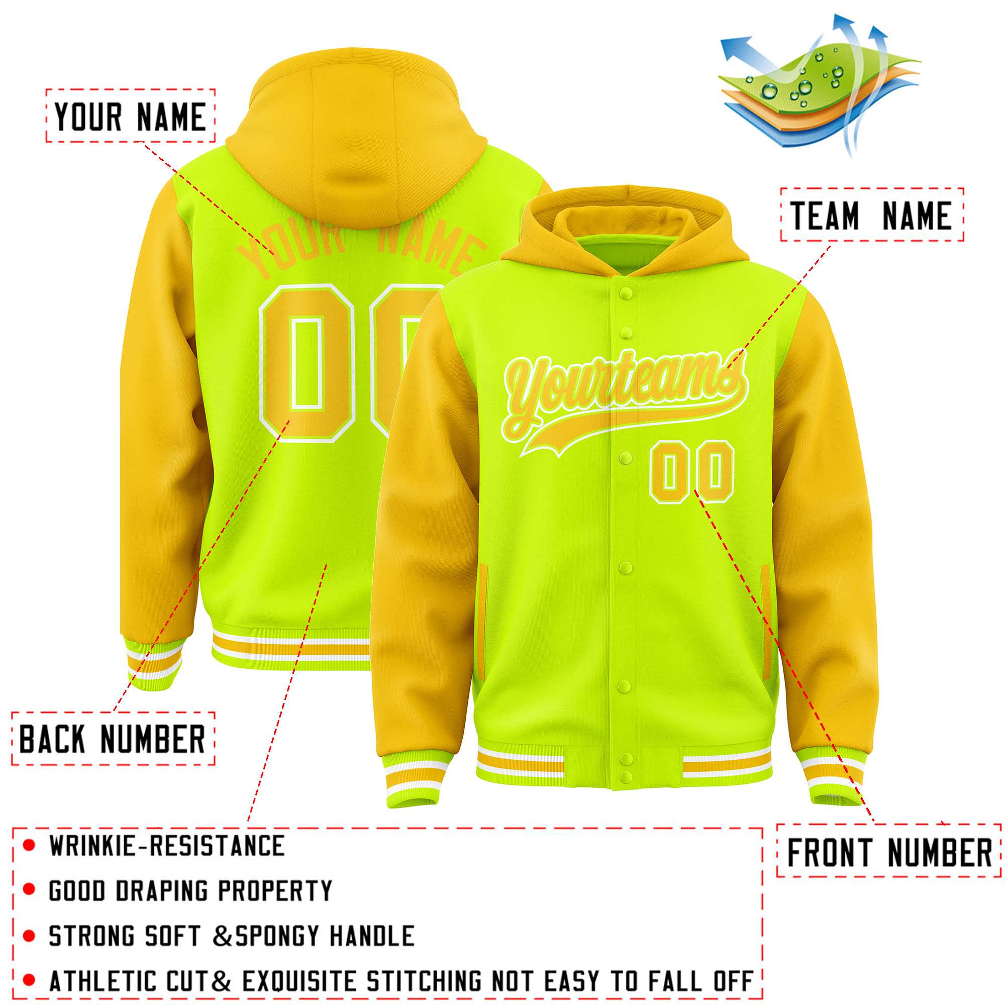 Custom Neon Green Gold Raglan Sleeves Varsity Full-Snap Letterman Two Tone Jacket Hoodie| KXKSHOP
