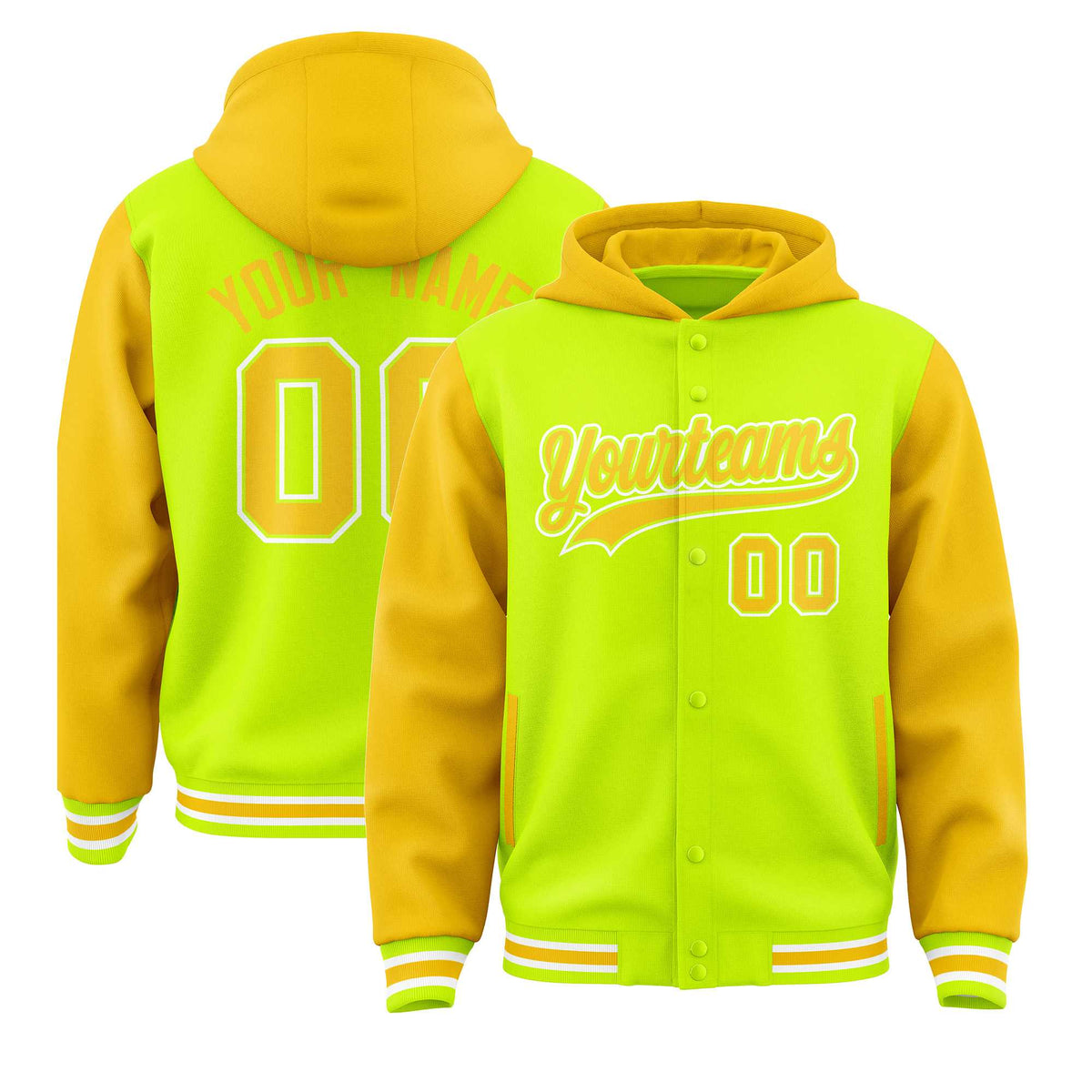 Custom Neon Green Gold Raglan Sleeves Varsity Full-Snap Letterman Two Tone Jacket Hoodie| KXKSHOP