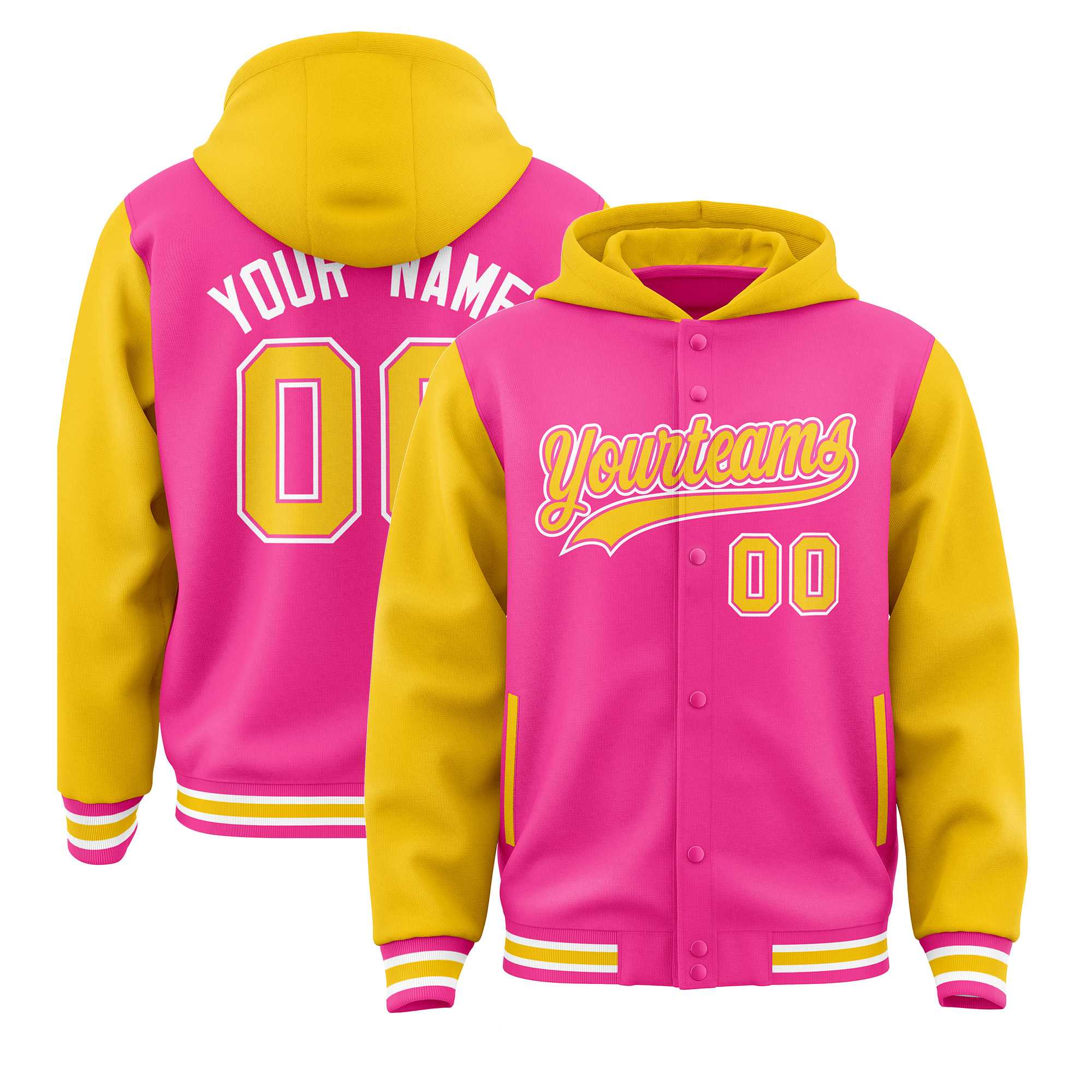 Custom Pink Gold Raglan Sleeves Varsity Full-Snap Letterman Two Tone Jacket Hoodie| KXKSHOP
