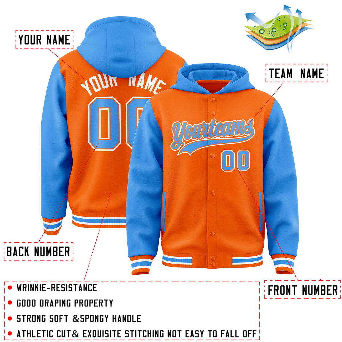 Custom Orange Powder Blue Raglan Sleeves Varsity Full-Snap Letterman Two Tone Jacket Hoodie| KXKSHOP