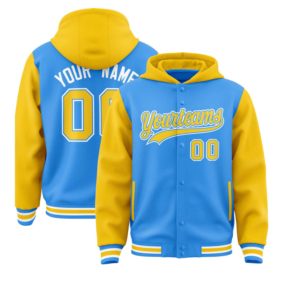 Custom Powder Blue Gold Raglan Sleeves Varsity Full-Snap Letterman Two Tone Jacket Hoodie| KXKSHOP