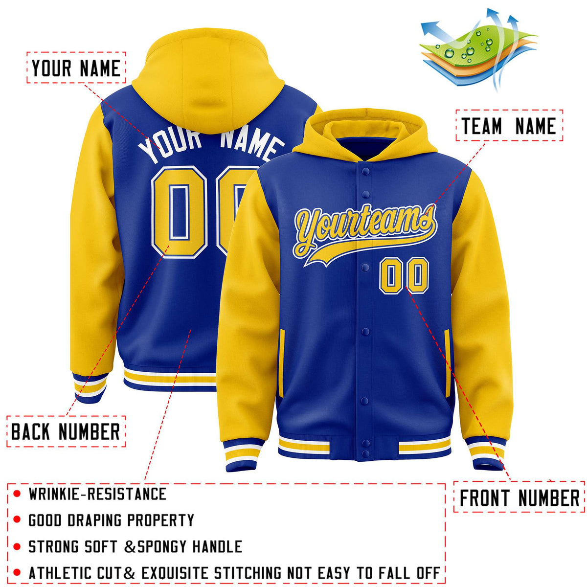 Custom Royal Gold Raglan Sleeves Varsity Full-Snap Letterman Two Tone Jacket Hoodie| KXKSHOP