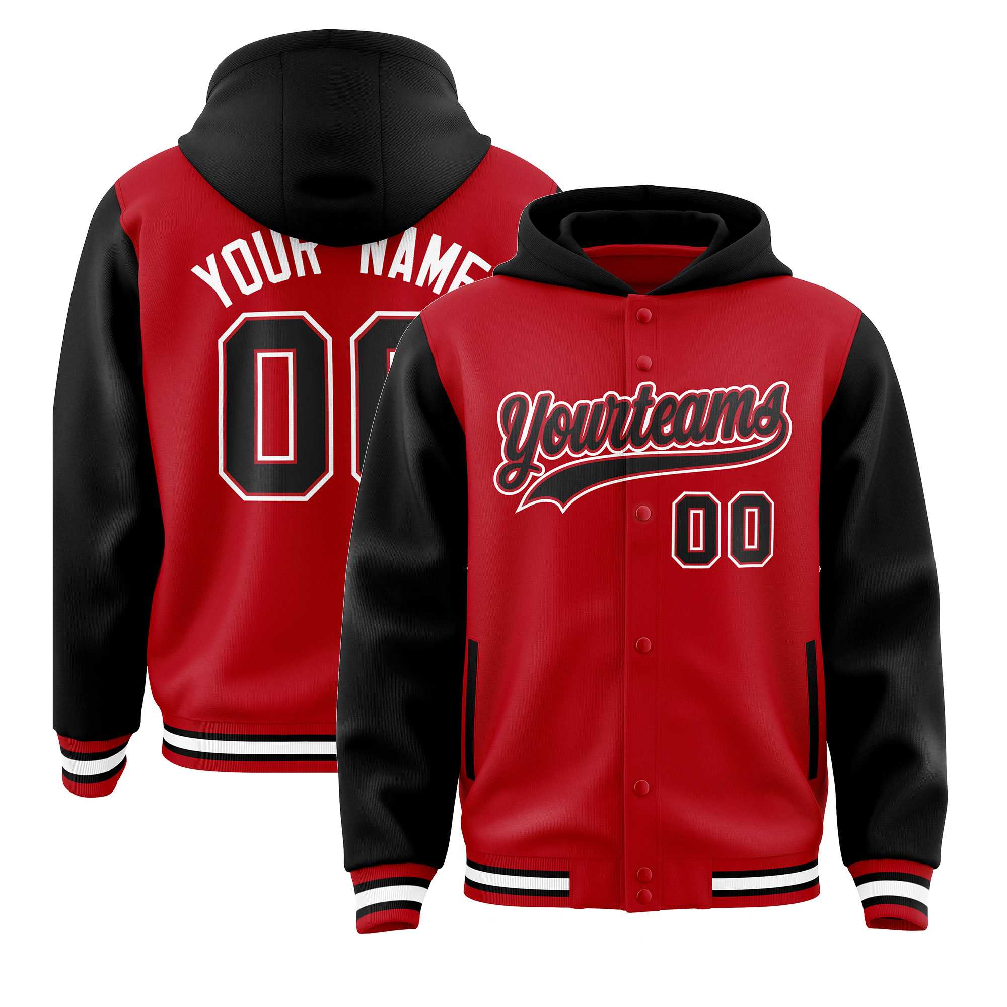 Custom Red Black Raglan Sleeves Varsity Full-Snap Letterman Two Tone Jacket Hoodie| KXKSHOP
