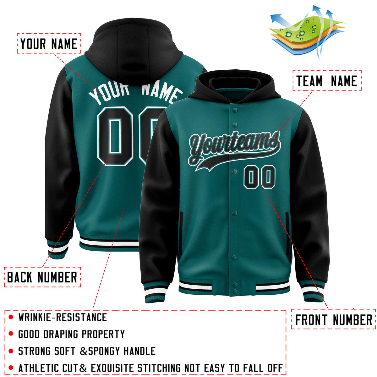 Custom Aqua Black Raglan Sleeves Varsity Full-Snap Letterman Two Tone Jacket Hoodie| KXKSHOP