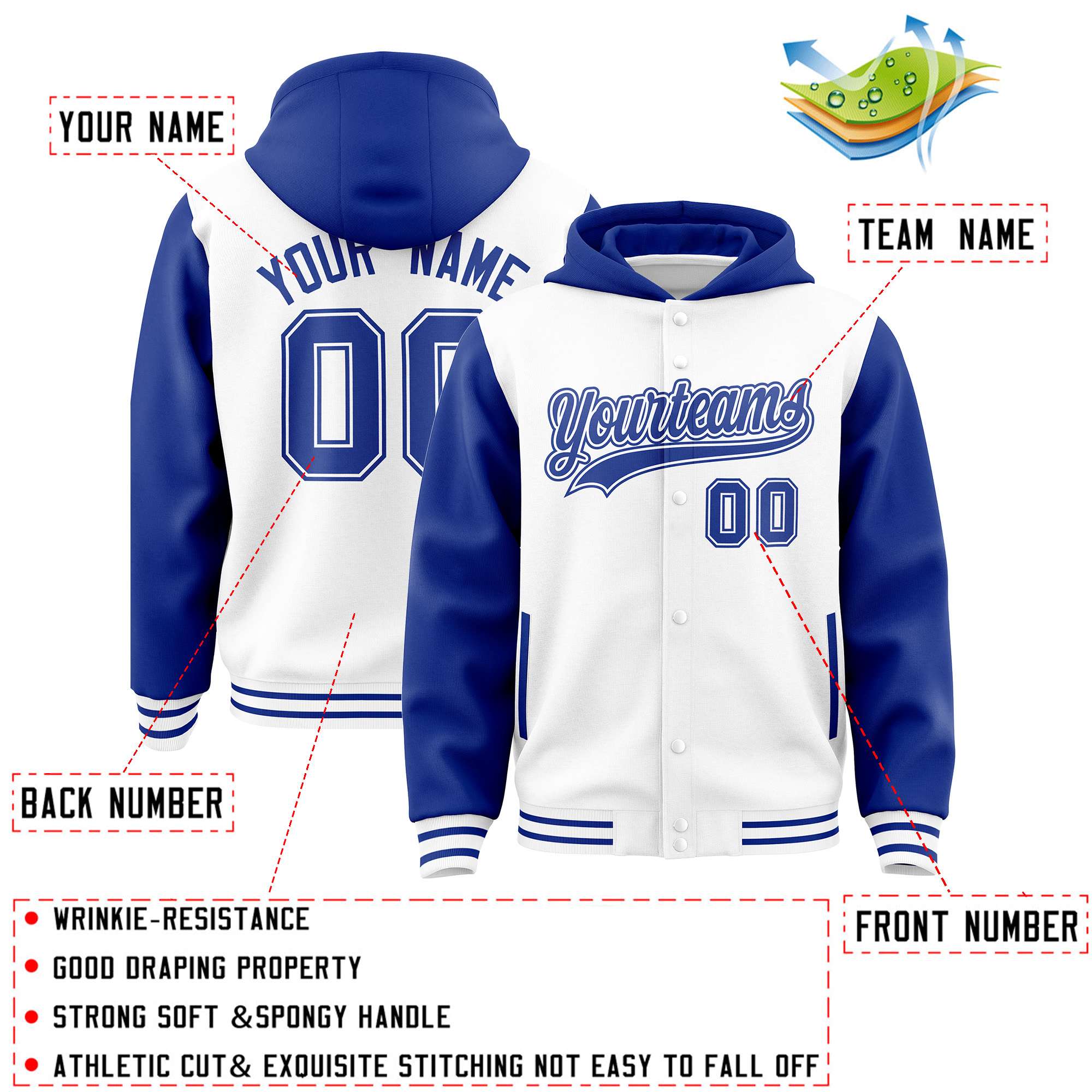 Custom White Royal Raglan Sleeves Varsity Full-Snap Letterman Two Tone Jacket Hoodie| KXKSHOP