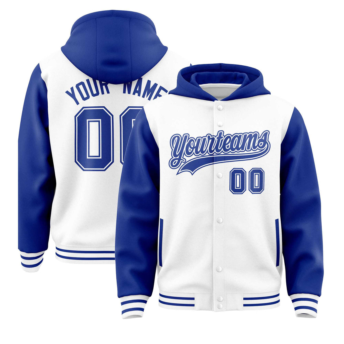Custom White Royal Raglan Sleeves Varsity Full-Snap Letterman Two Tone Jacket Hoodie| KXKSHOP