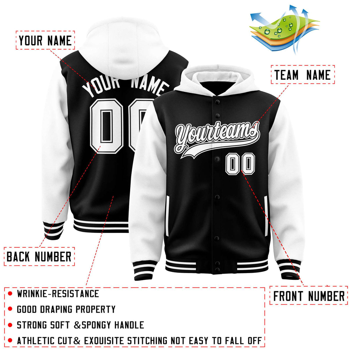 Custom Black White Raglan Sleeves Varsity Full-Snap Letterman Two Tone Jacket Hoodie| KXKSHOP