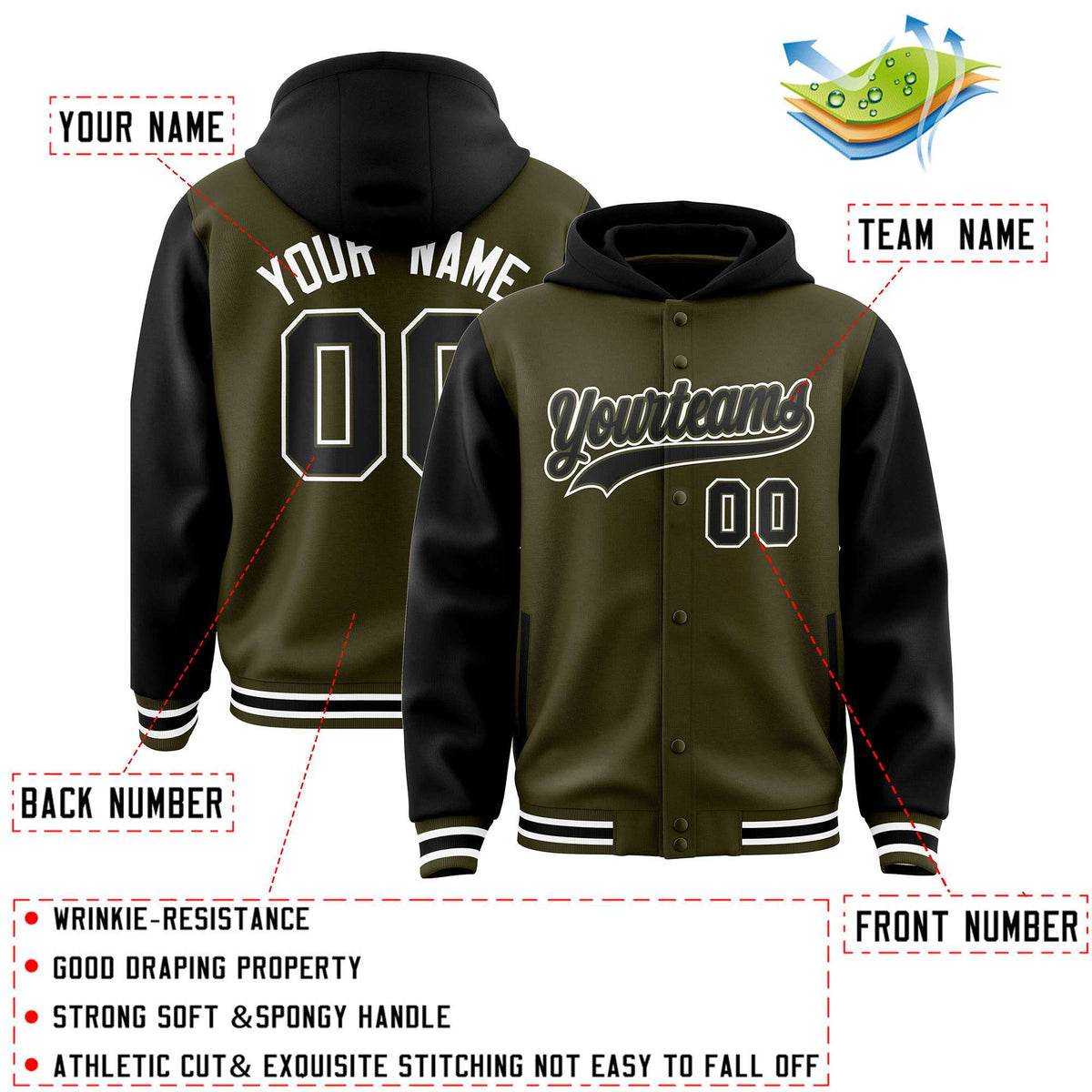 Custom Olive Black Raglan Sleeves Varsity Full-Snap Letterman Two Tone Jacket Hoodie| KXKSHOP