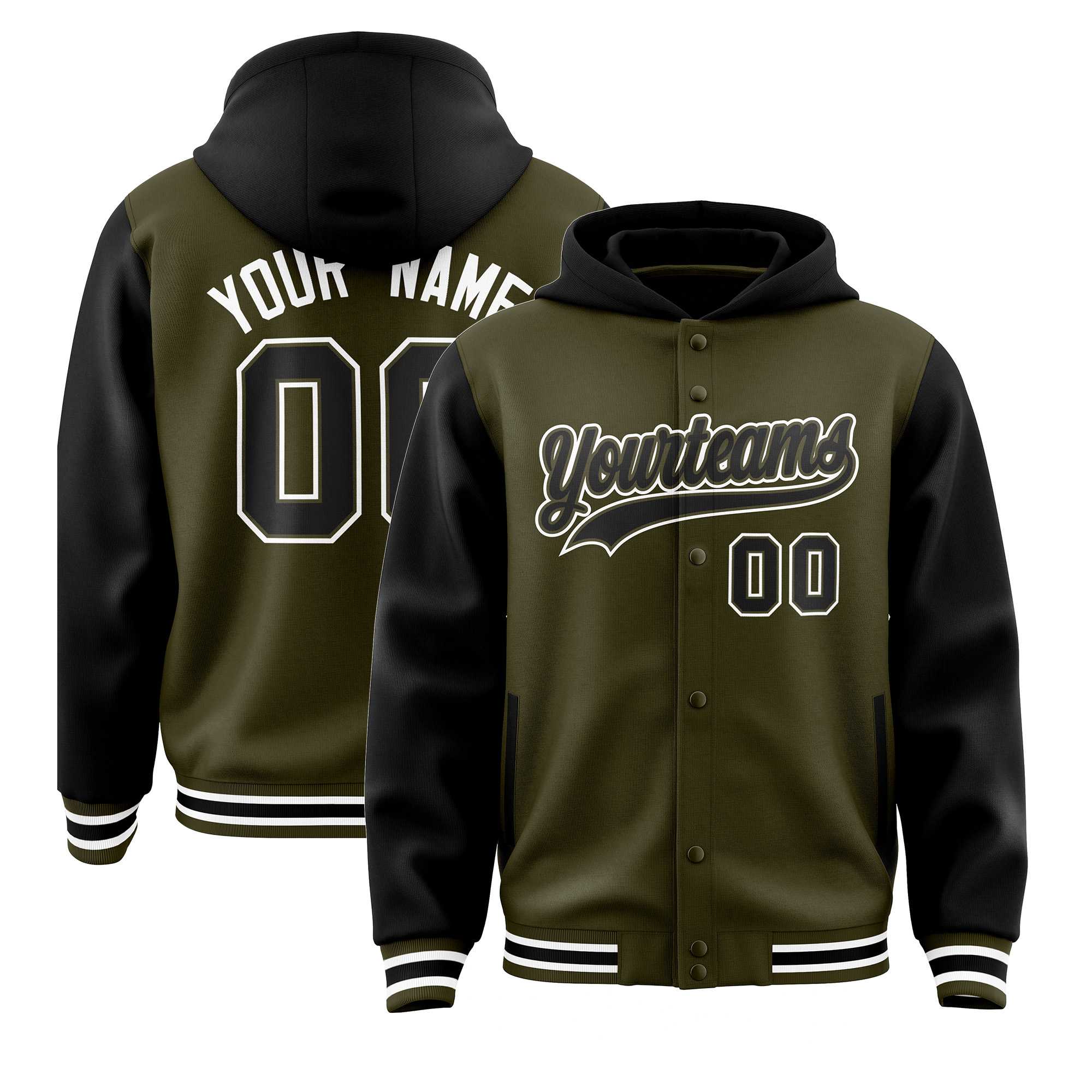 Custom Olive Black Raglan Sleeves Varsity Full-Snap Letterman Two Tone Jacket Hoodie| KXKSHOP