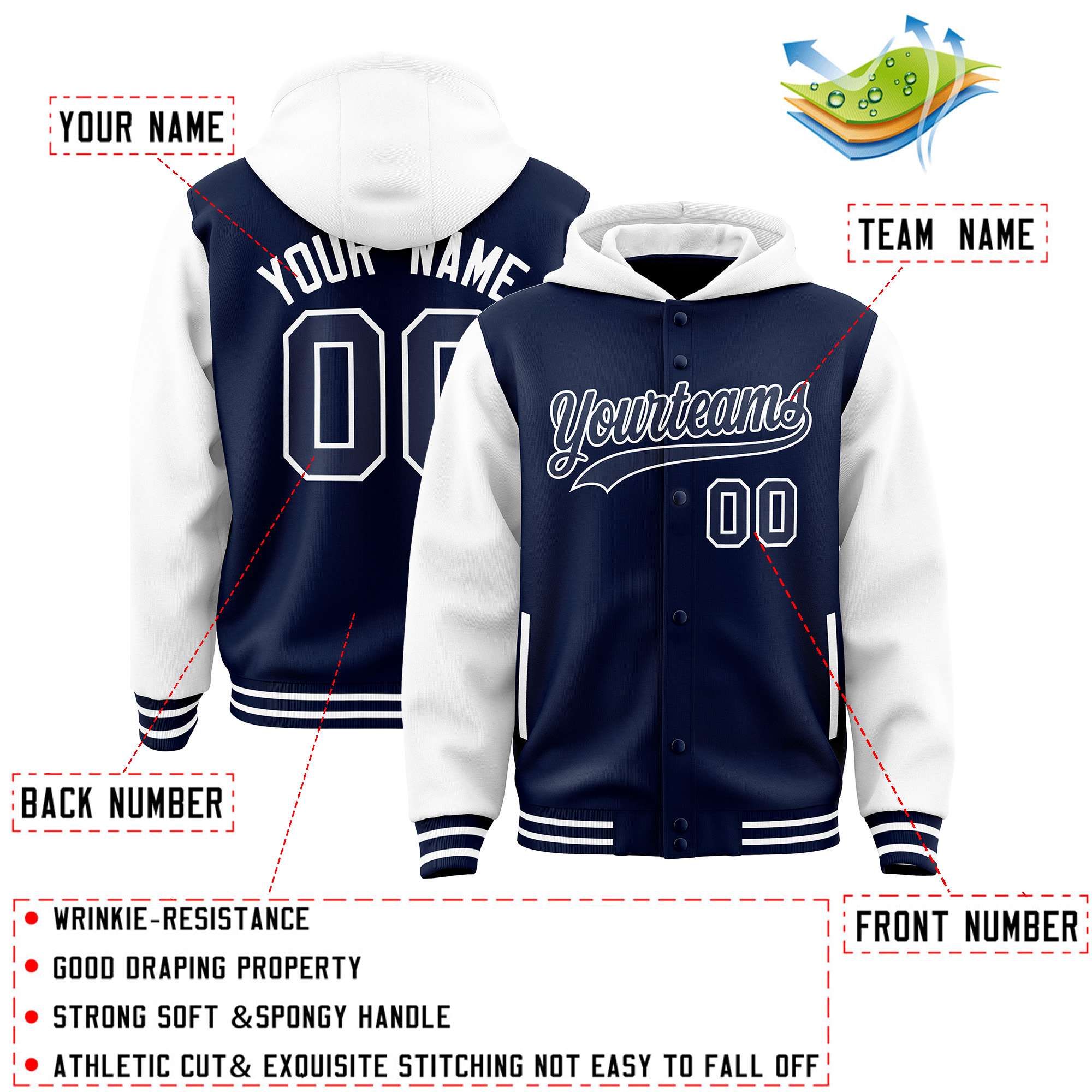 Custom Navy White Raglan Sleeves Varsity Full-Snap Letterman Two Tone Jacket Hoodie| KXKSHOP