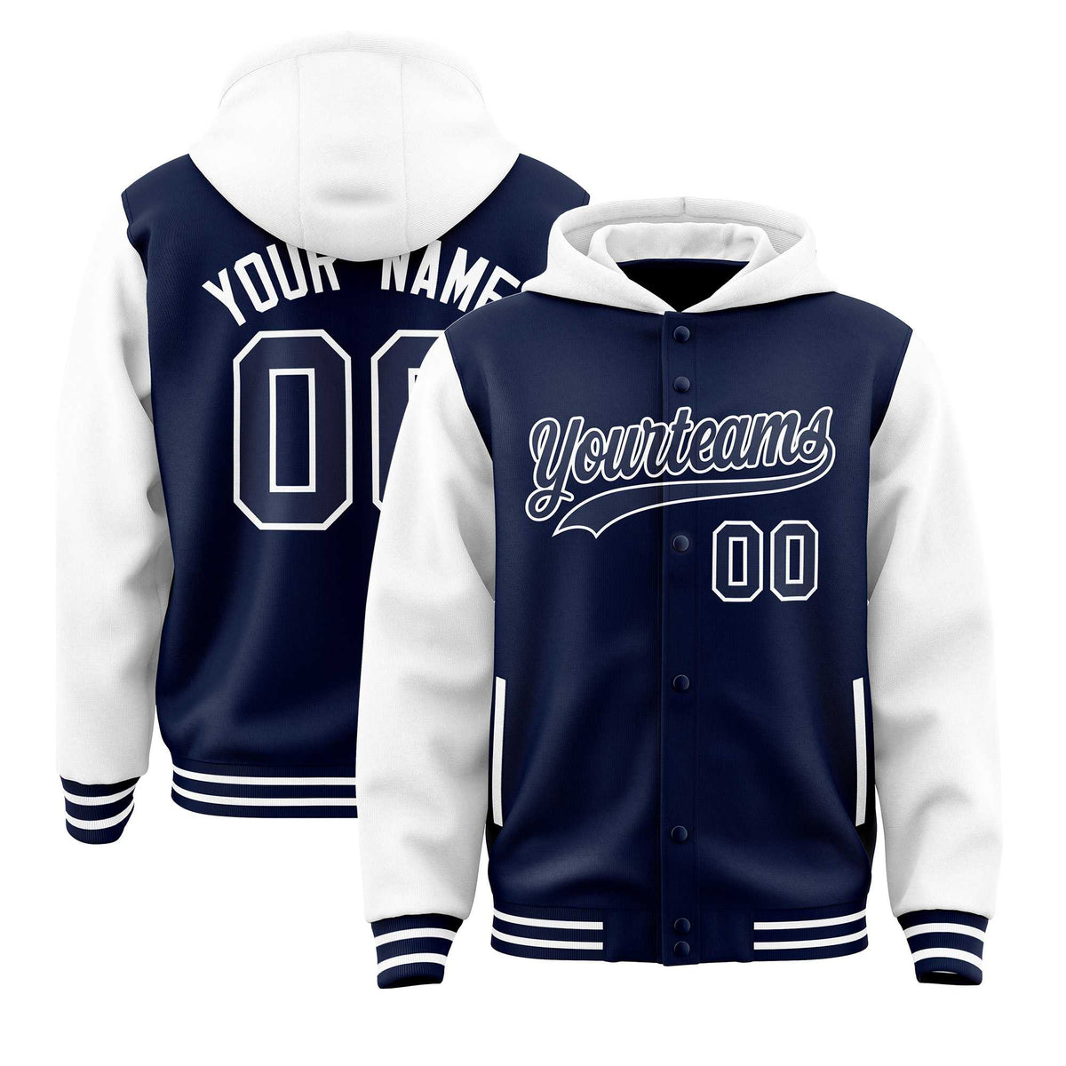 Custom Navy White Raglan Sleeves Varsity Full-Snap Letterman Two Tone Jacket Hoodie| KXKSHOP
