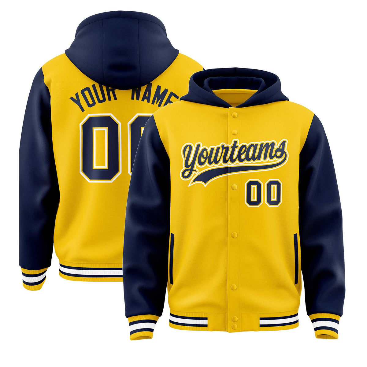 Custom Gold Navy Raglan Sleeves Varsity Full-Snap Letterman Two Tone Jacket Hoodie| KXKSHOP