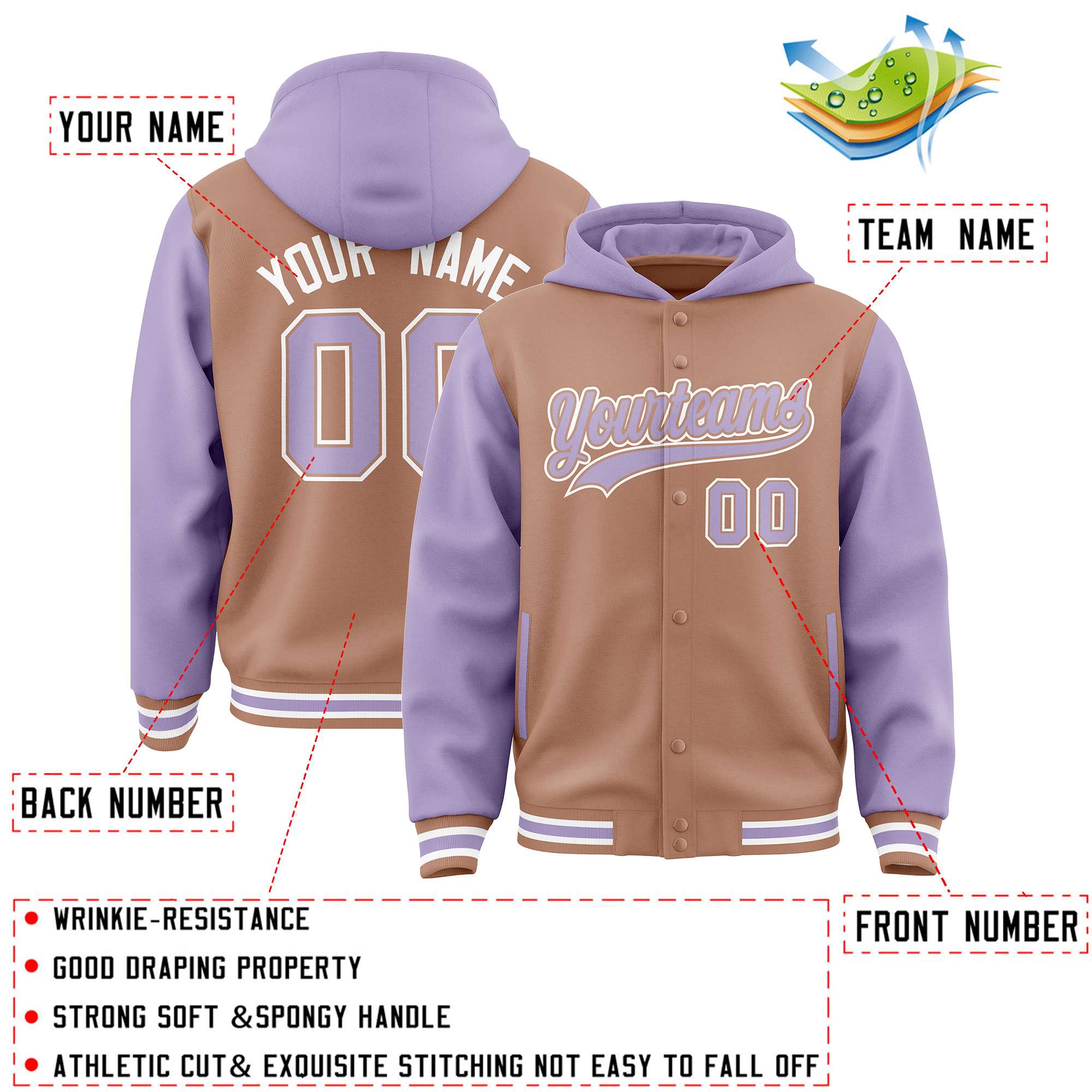Custom Teabrown Light Purple Raglan Sleeves Varsity Full-Snap Letterman Two Tone Jacket Hoodie| KXKSHOP