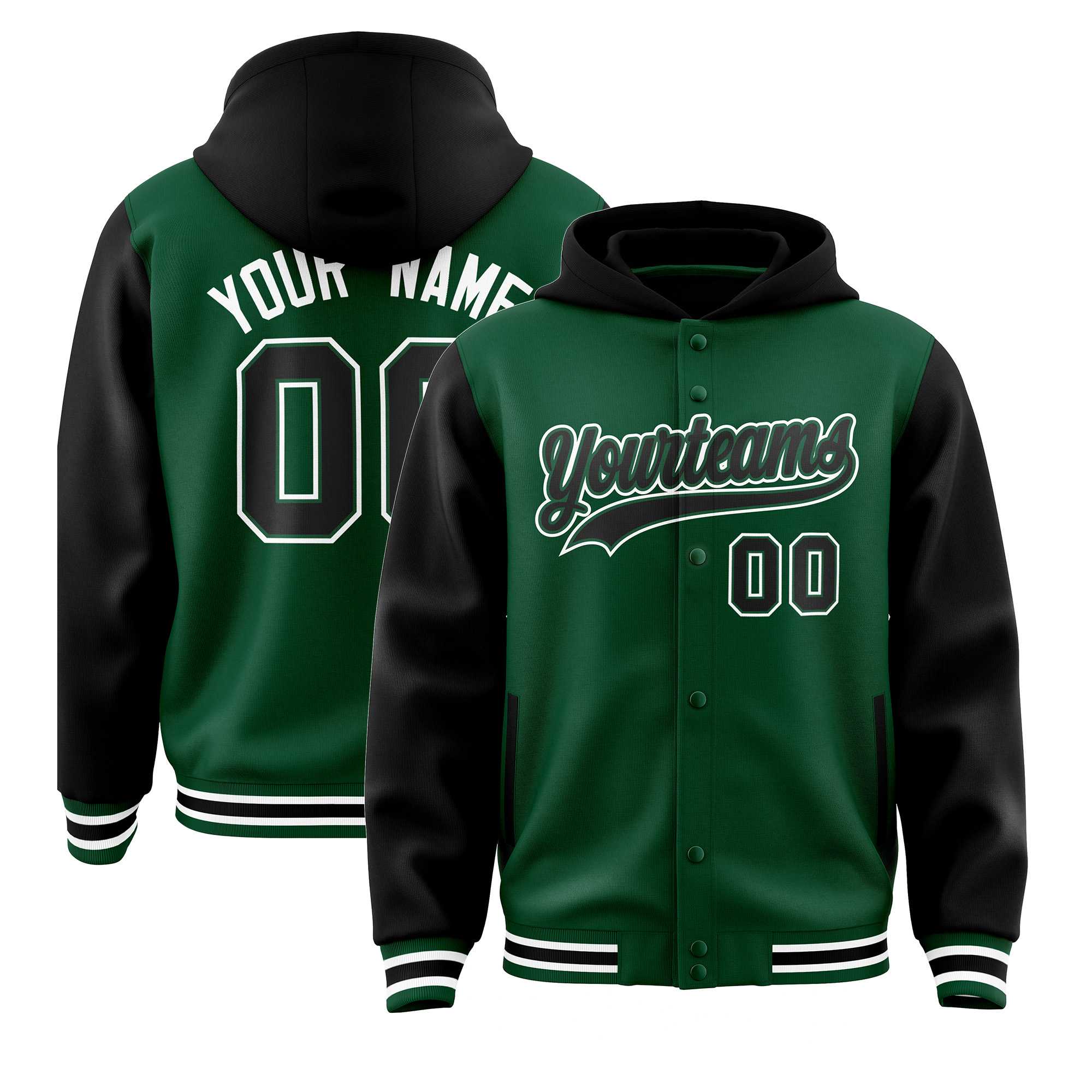 Custom Green Black Raglan Sleeves Varsity Full-Snap Letterman Two Tone Jacket Hoodie| KXKSHOP