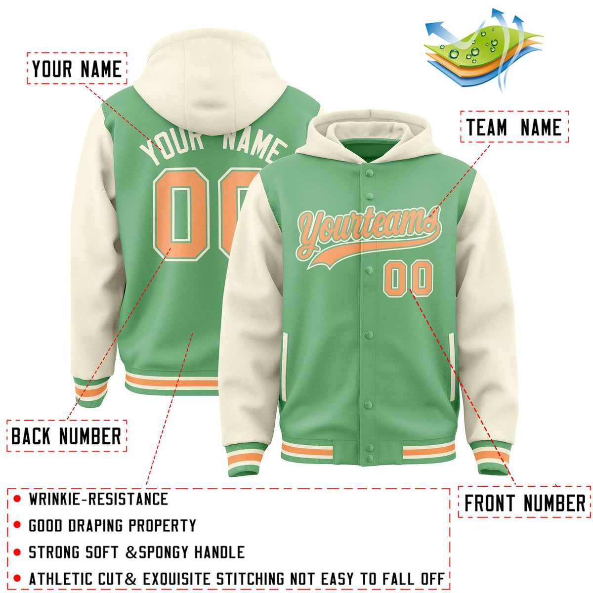 Custom Green Cream Raglan Sleeves Varsity Full-Snap Letterman Two Tone Jacket Hoodie| KXKSHOP