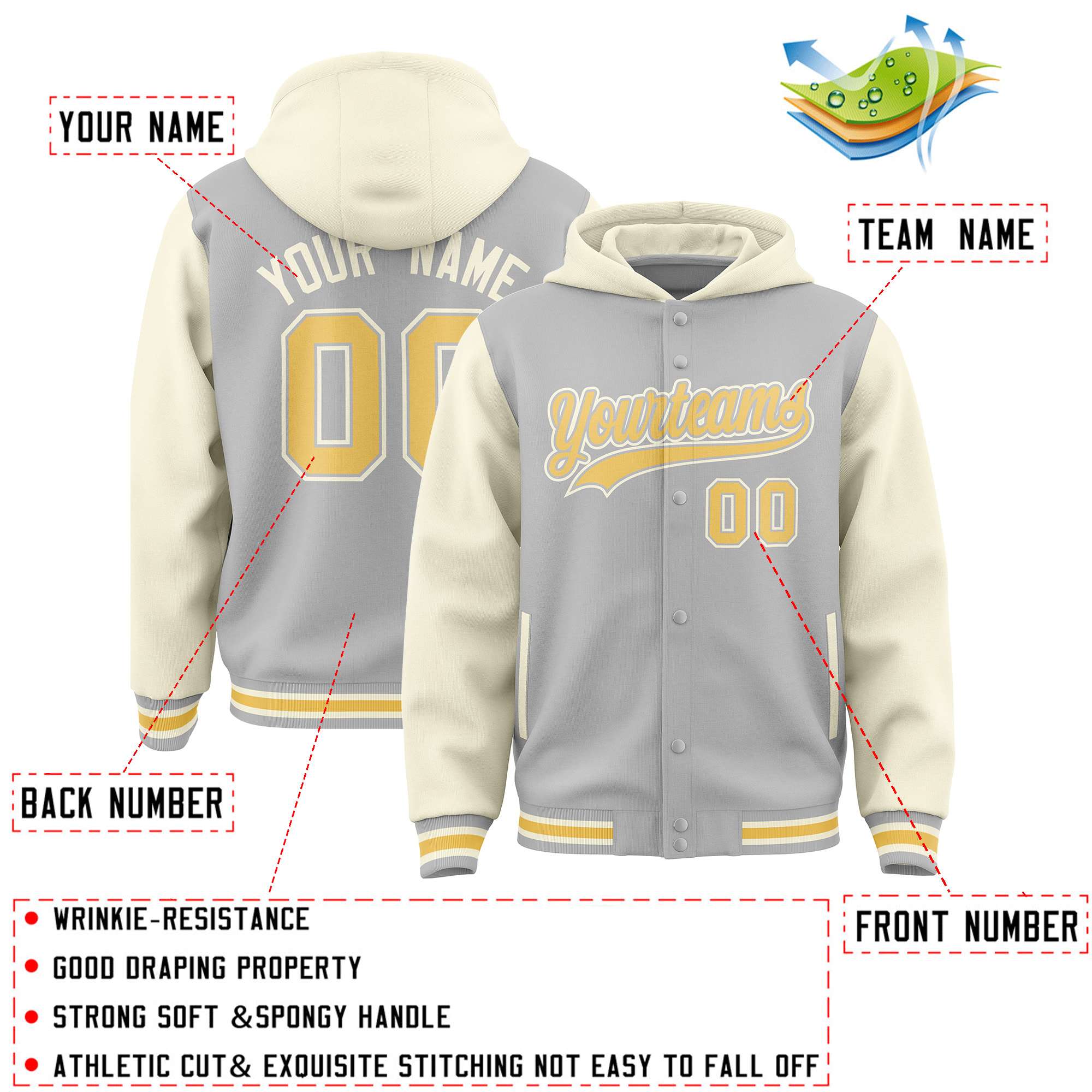 Custom Gray Cream Raglan Sleeves Varsity Full-Snap Letterman Two Tone Jacket Hoodie| KXKSHOP