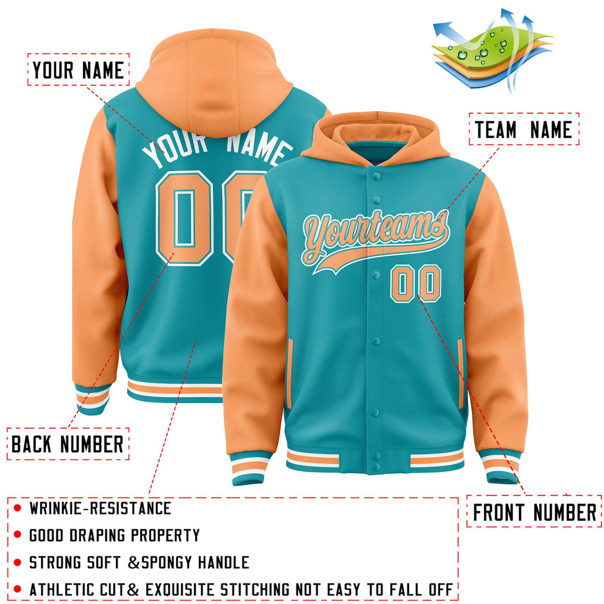 Custom Aqua Orange Raglan Sleeves Varsity Full-Snap Letterman Two Tone Jacket Hoodie| KXKSHOP