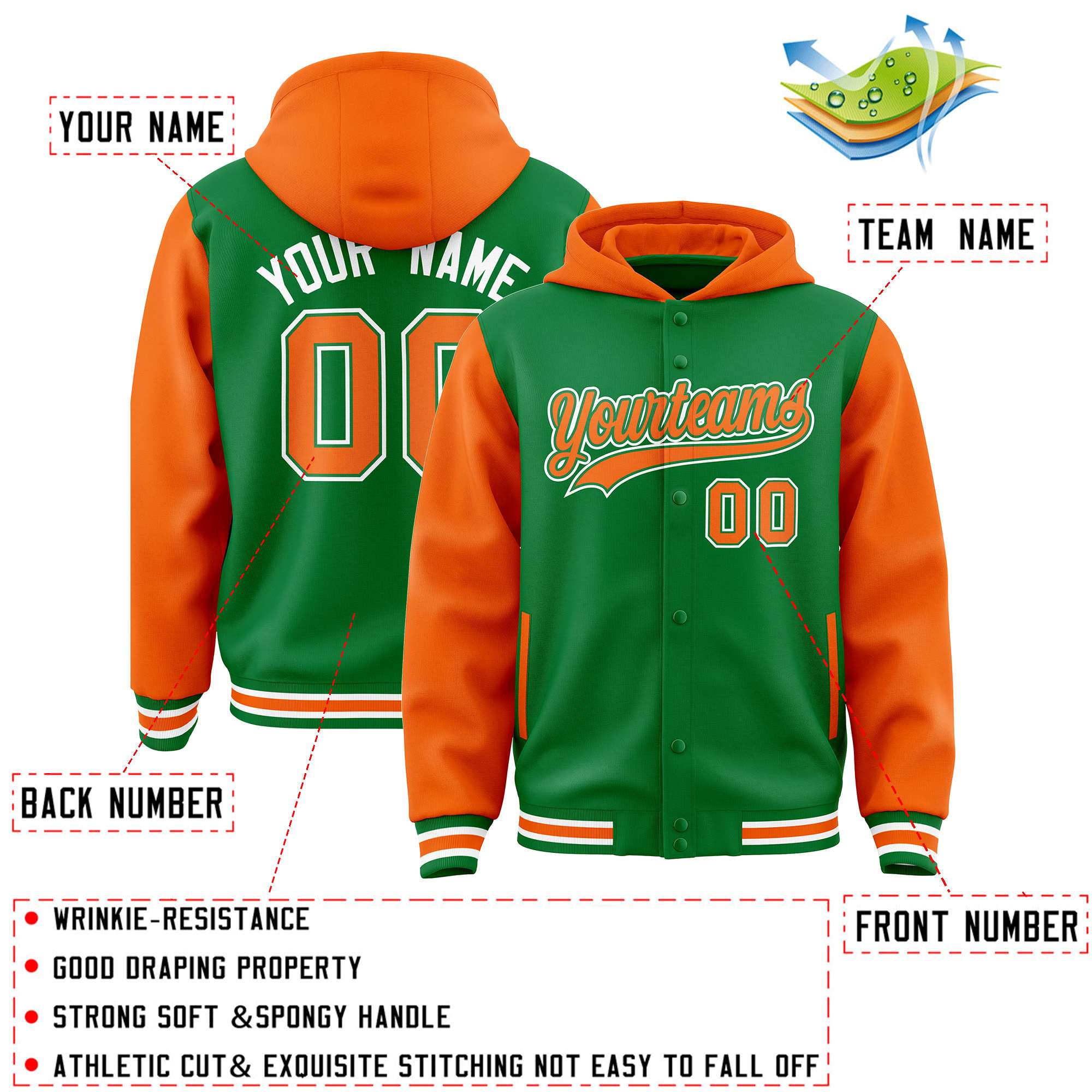 Custom Kelly Green Orange Raglan Sleeves Varsity Full-Snap Letterman Two Tone Jacket Hoodie| KXKSHOP