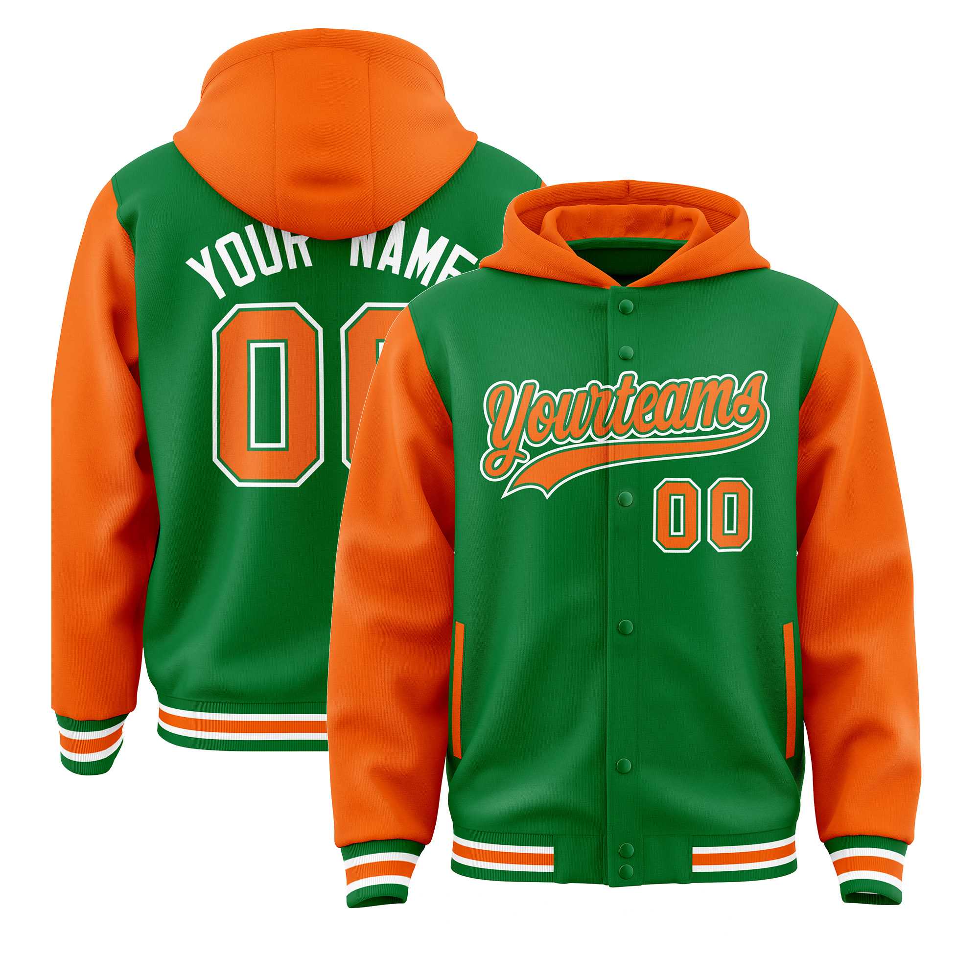Custom Kelly Green Orange Raglan Sleeves Varsity Full-Snap Letterman Two Tone Jacket Hoodie| KXKSHOP