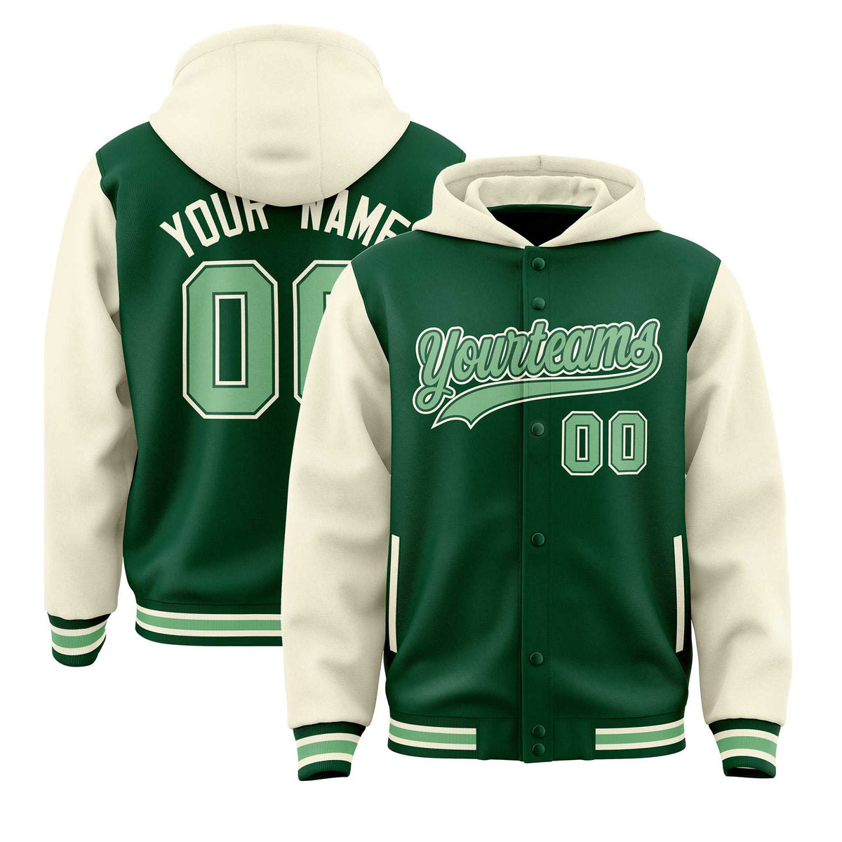 Custom Green Cream Raglan Sleeves Varsity Full-Snap Letterman Two Tone Jacket Hoodie| KXKSHOP