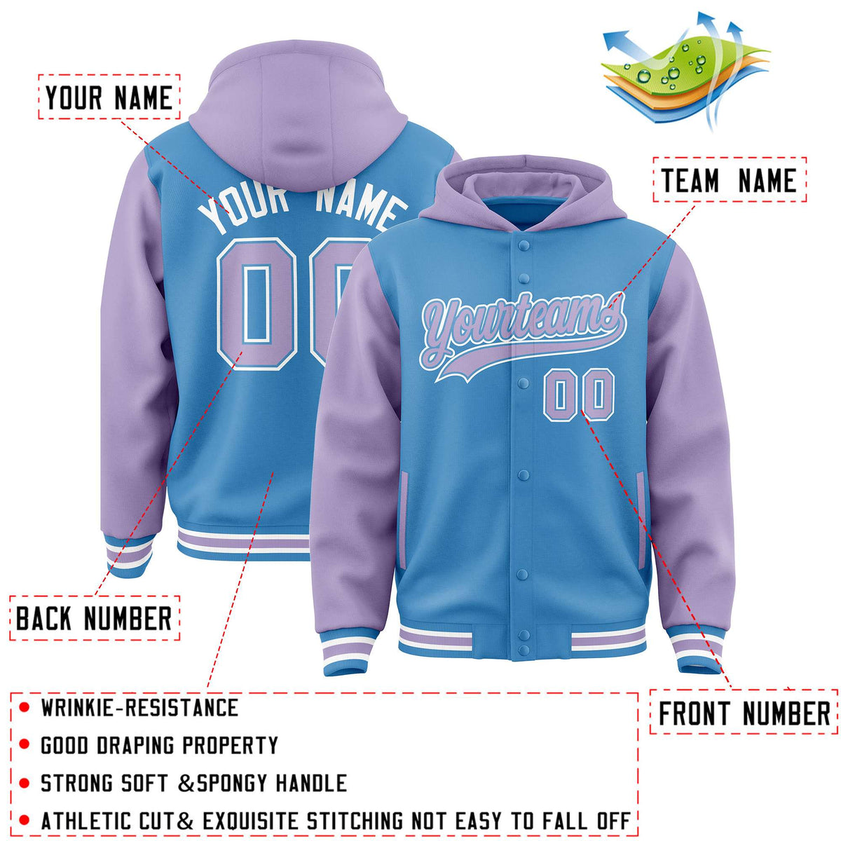 Custom Powder Blue Light Purple Raglan Sleeves Varsity Full-Snap Letterman Two Tone Jacket Hoodie| KXKSHOP