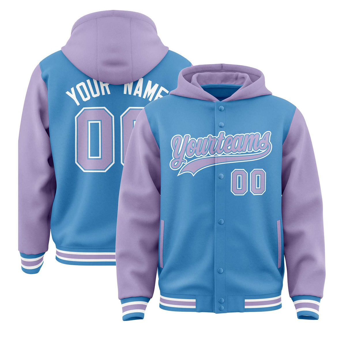 Custom Powder Blue Light Purple Raglan Sleeves Varsity Full-Snap Letterman Two Tone Jacket Hoodie| KXKSHOP