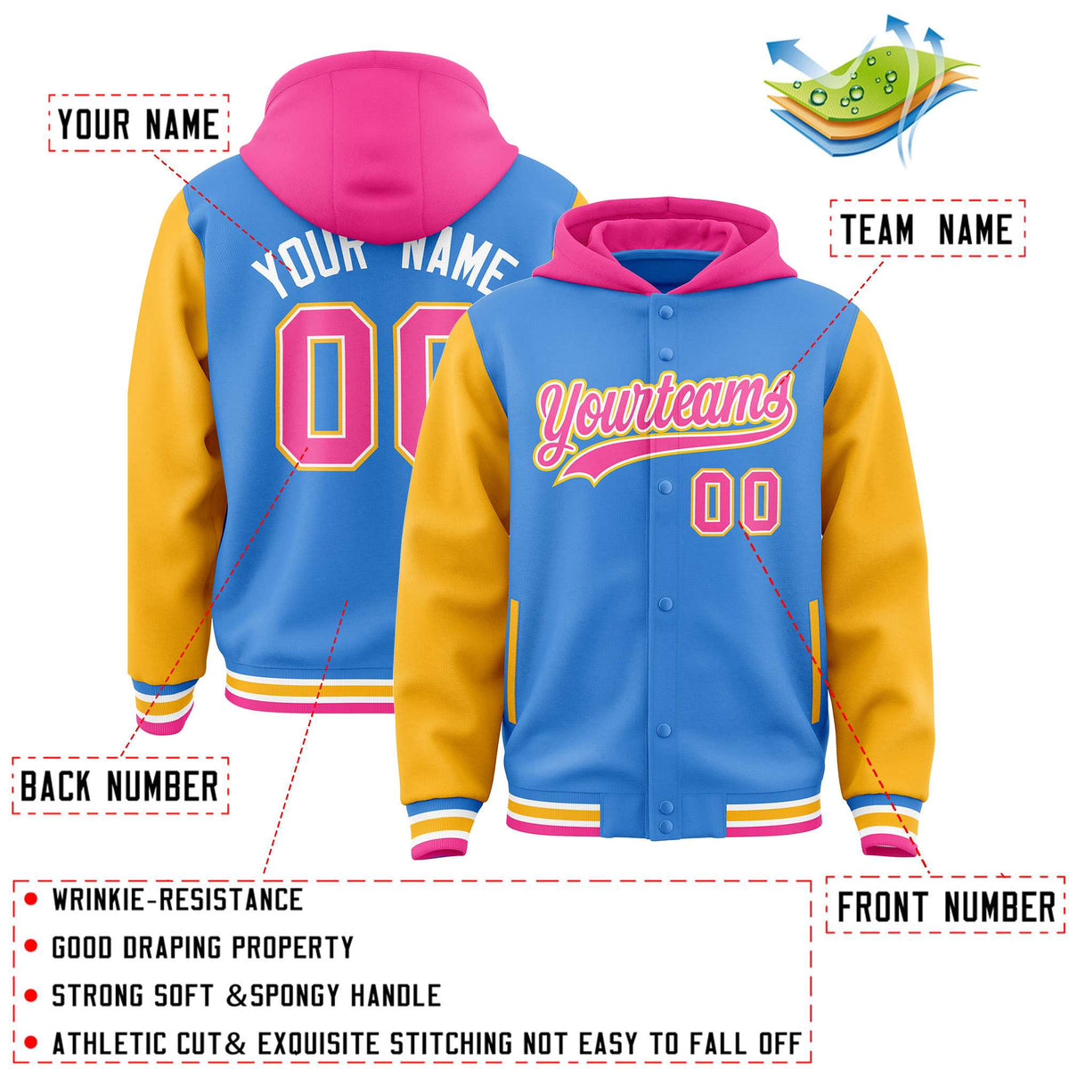Custom Powder Blue Gold-Pink Raglan Sleeves Varsity Full-Snap Letterman Two Tone Jacket Hoodie| KXKSHOP