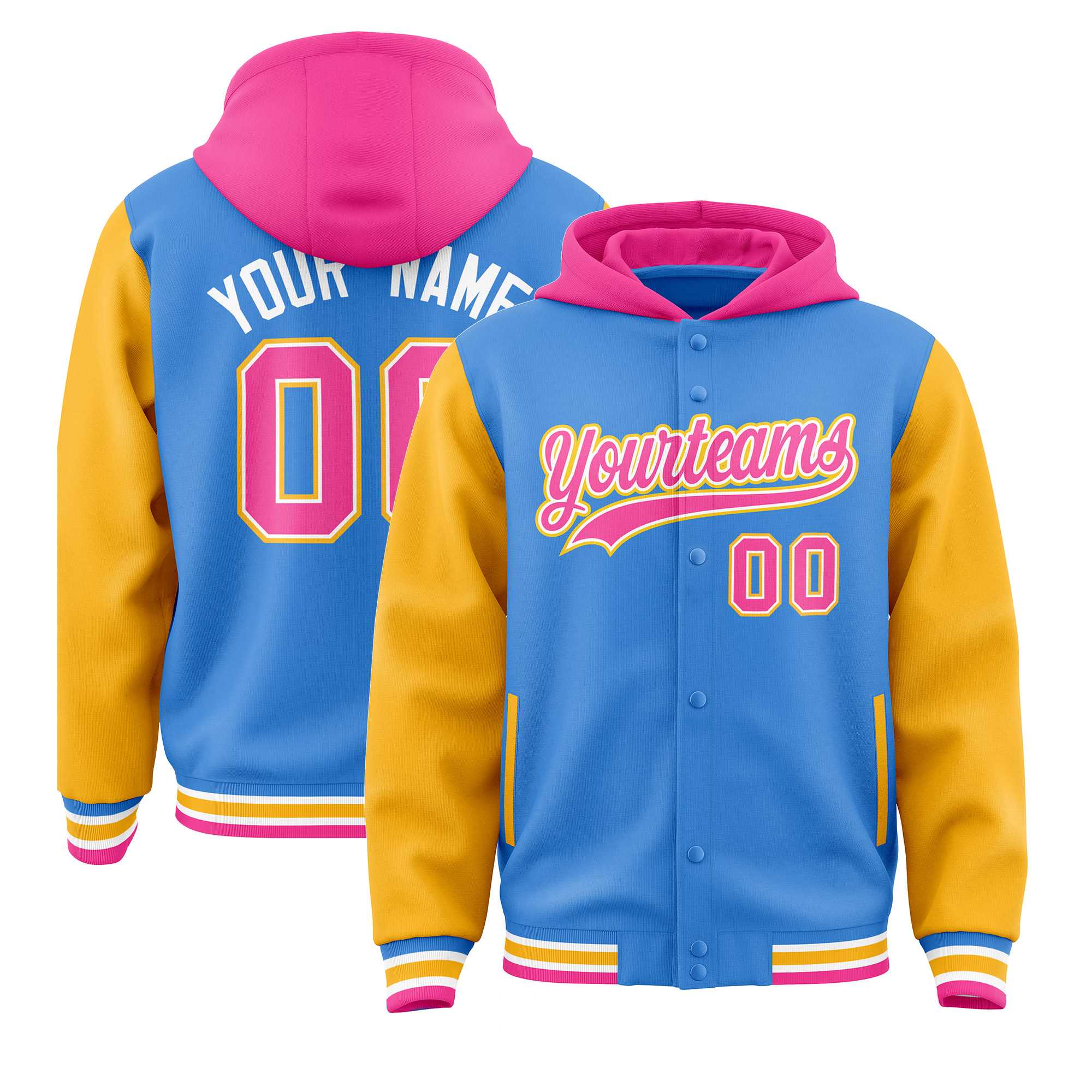 Custom Powder Blue Gold-Pink Raglan Sleeves Varsity Full-Snap Letterman Two Tone Jacket Hoodie| KXKSHOP