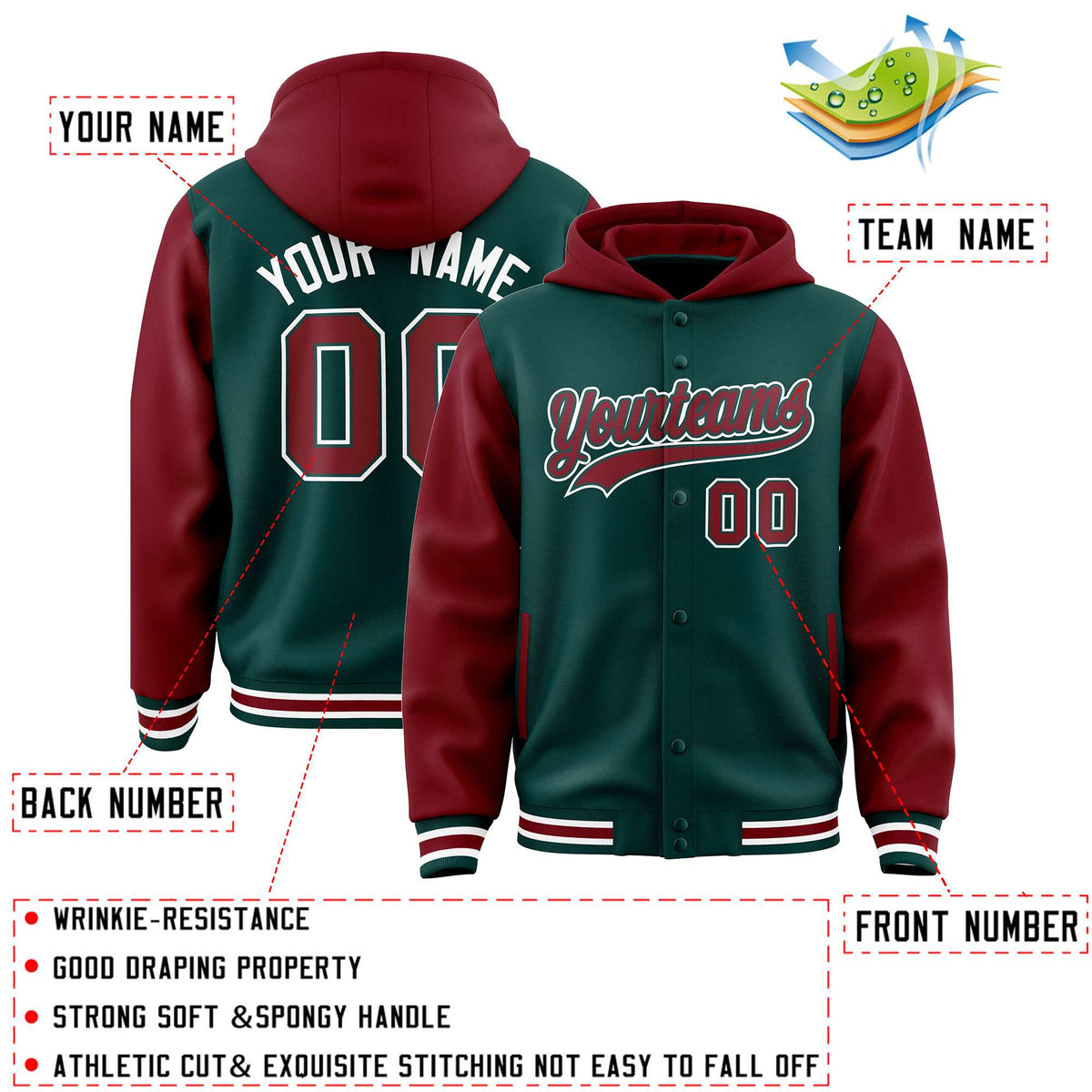 Custom Midnight Green Crimson Raglan Sleeves Varsity Full-Snap Letterman Two Tone Jacket Hoodie| KXKSHOP