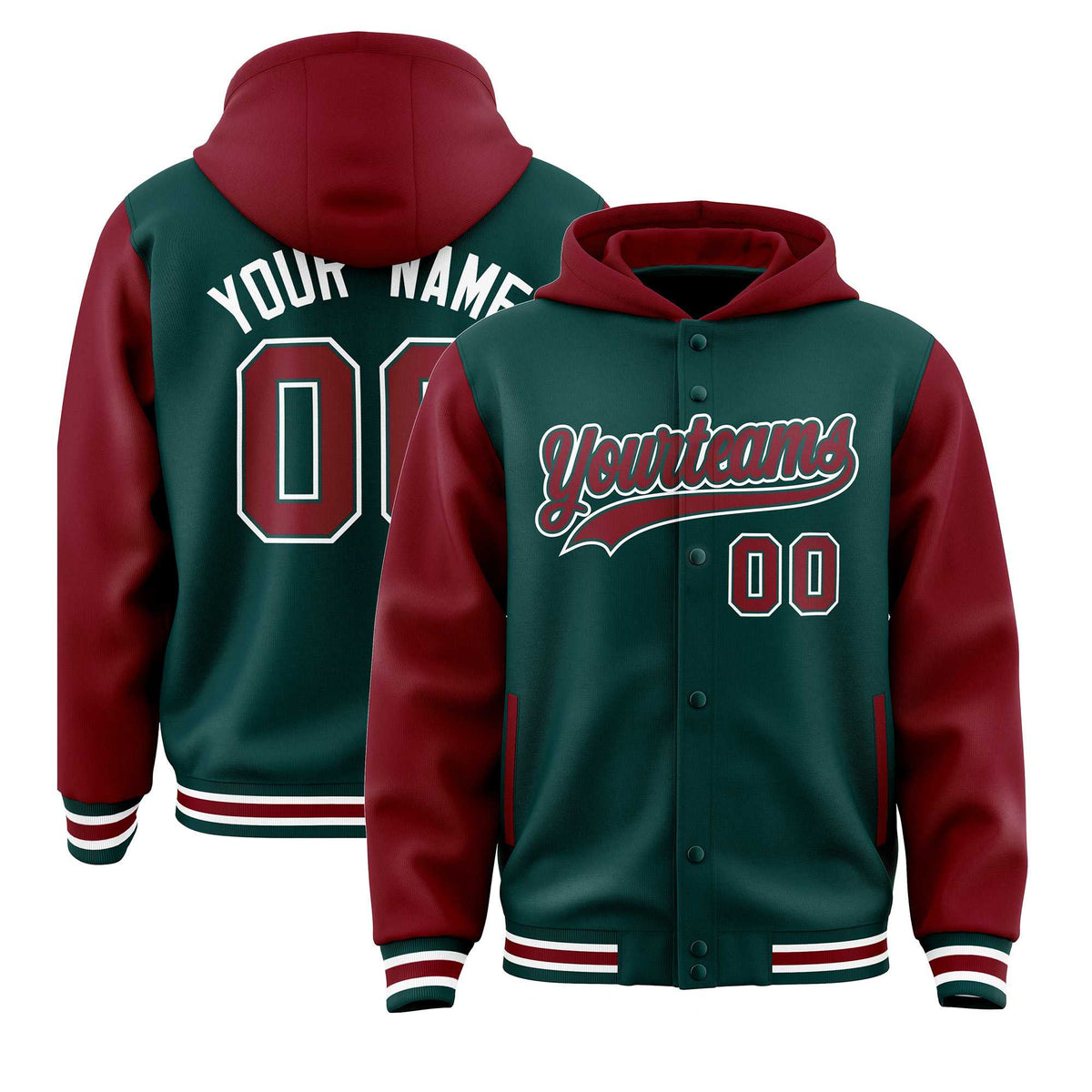 Custom Midnight Green Crimson Raglan Sleeves Varsity Full-Snap Letterman Two Tone Jacket Hoodie| KXKSHOP