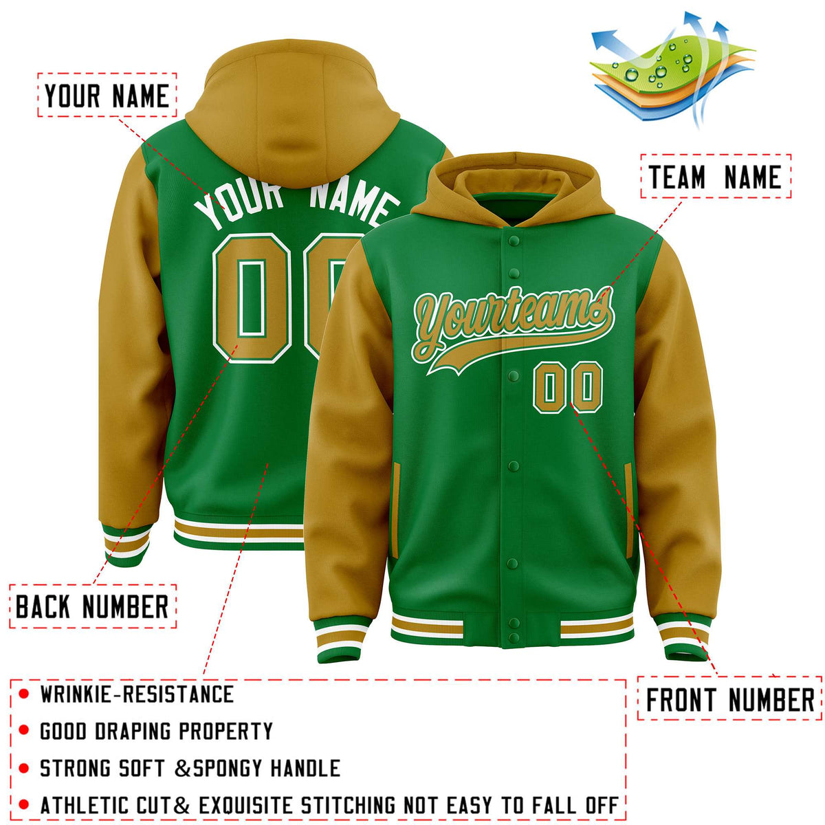 Custom Kelly Green Old Gold Raglan Sleeves Varsity Full-Snap Letterman Two Tone Jacket Hoodie| KXKSHOP