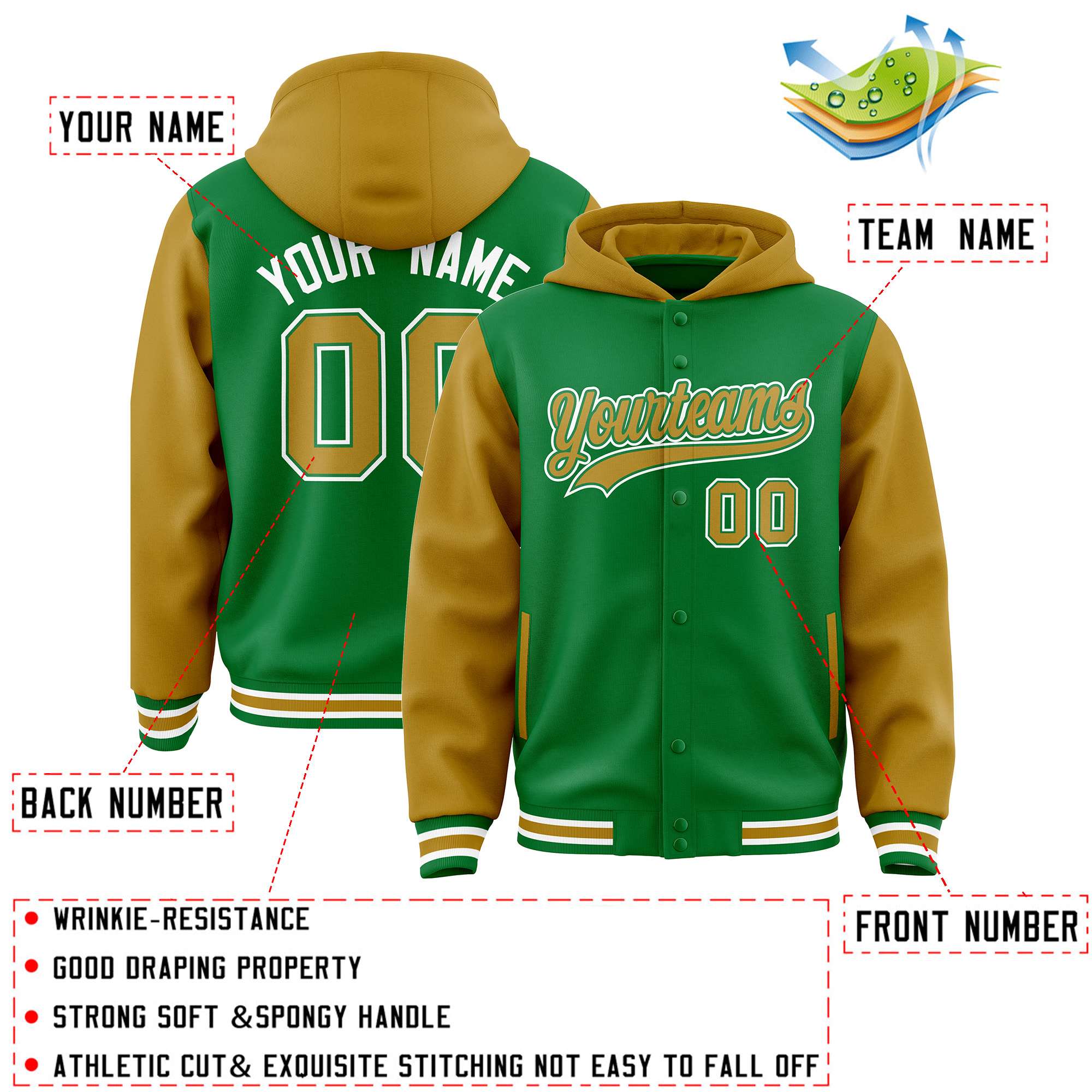 Custom Kelly Green Old Gold Raglan Sleeves Varsity Full-Snap Letterman Two Tone Jacket Hoodie| KXKSHOP