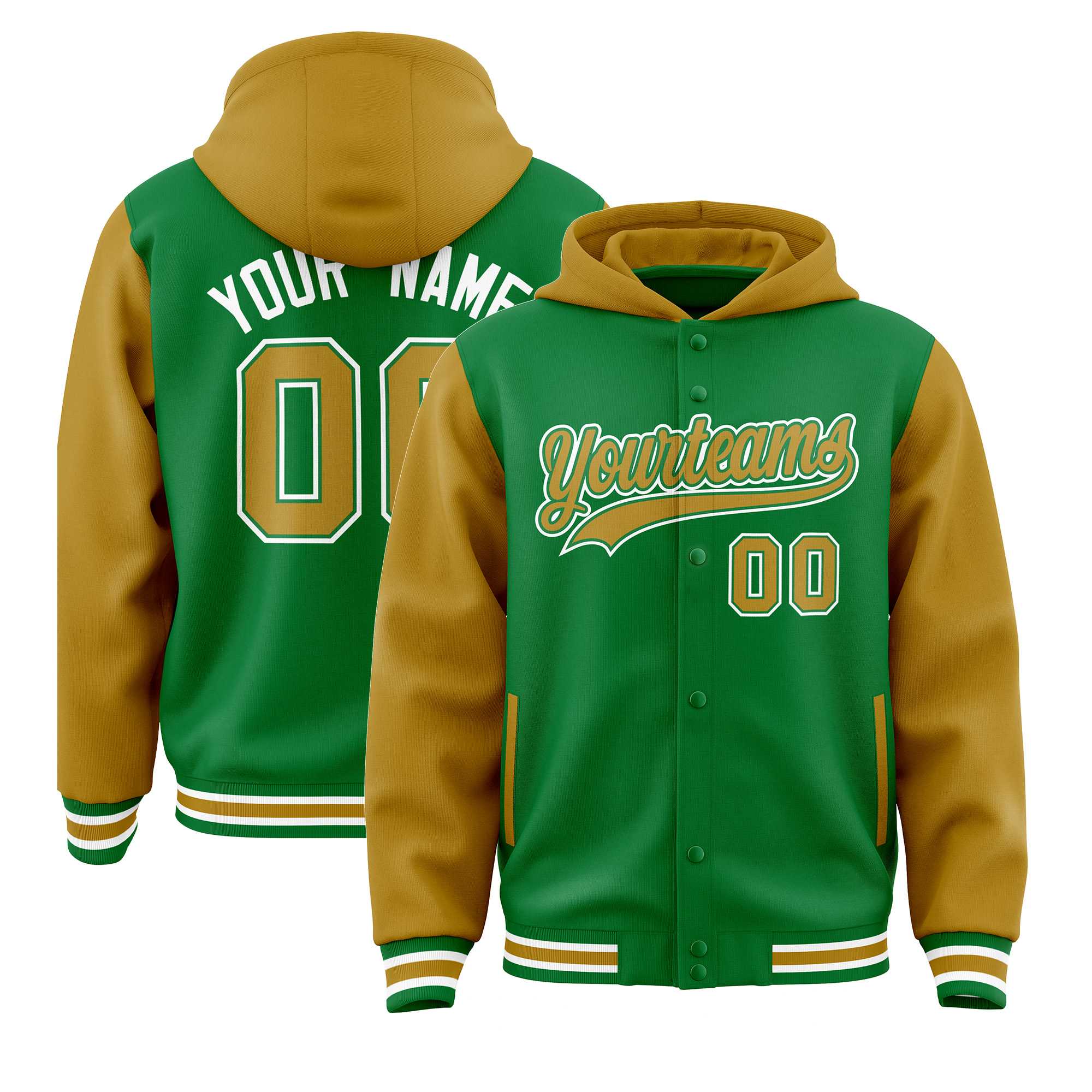 Custom Kelly Green Old Gold Raglan Sleeves Varsity Full-Snap Letterman Two Tone Jacket Hoodie| KXKSHOP