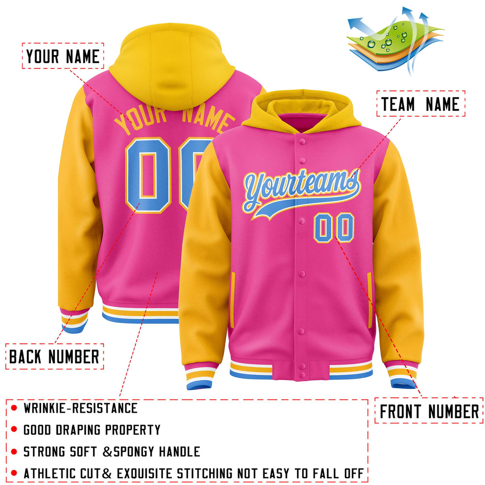 Custom Pink Gold Raglan Sleeves Varsity Full-Snap Letterman Two Tone Jacket Hoodie| KXKSHOP
