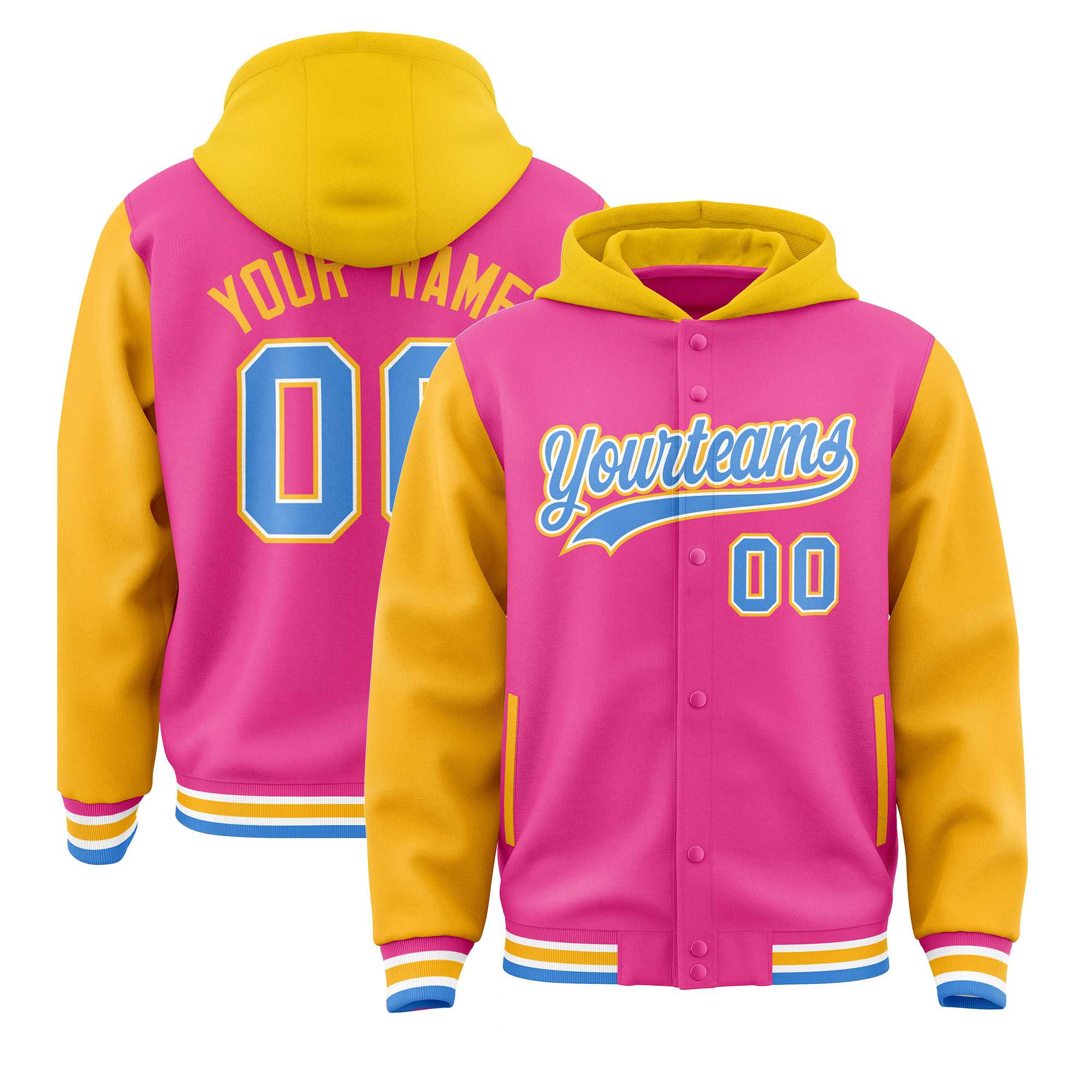 Custom Pink Gold Raglan Sleeves Varsity Full-Snap Letterman Two Tone Jacket Hoodie| KXKSHOP