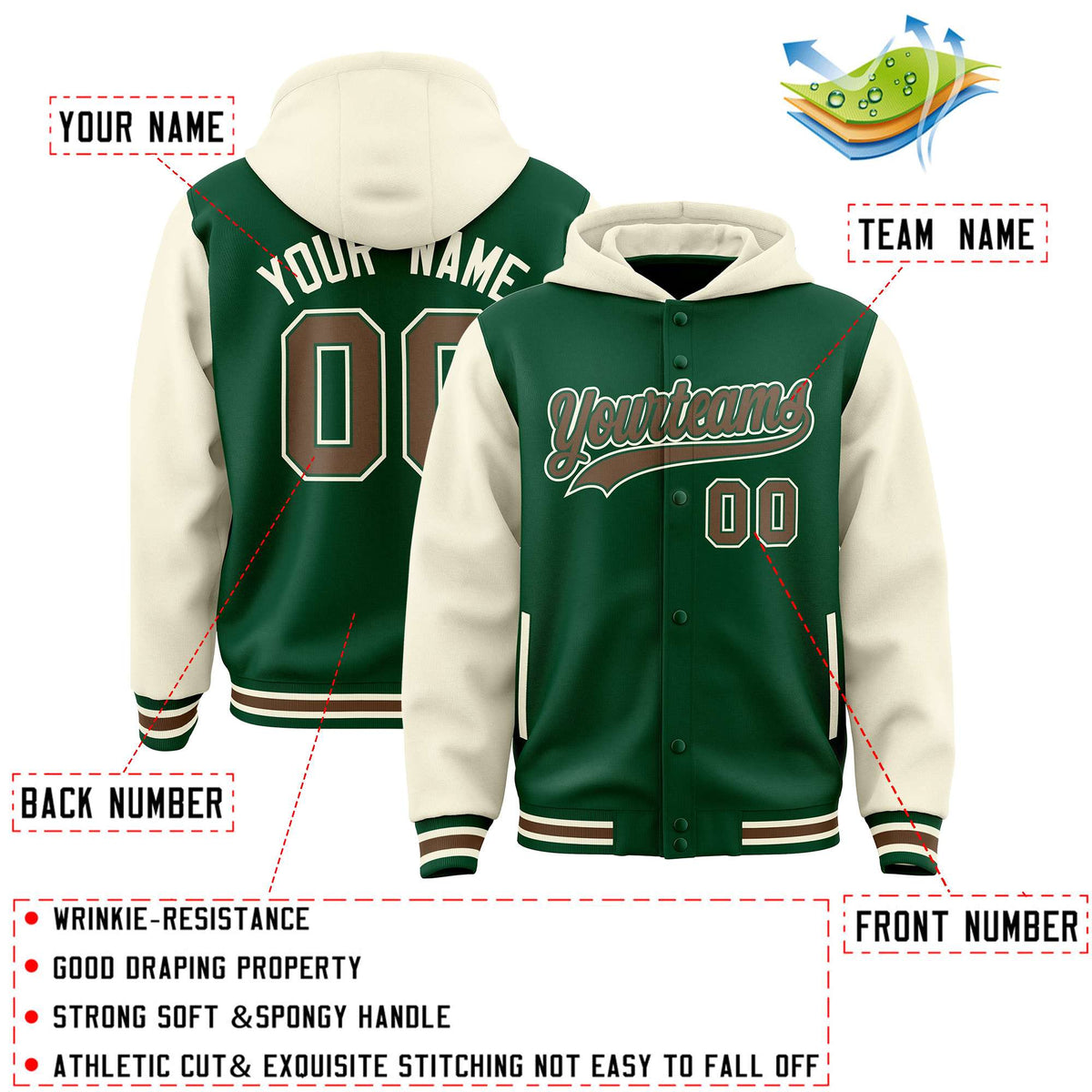 Custom Green Cream Raglan Sleeves Varsity Full-Snap Letterman Two Tone Jacket Hoodie| KXKSHOP