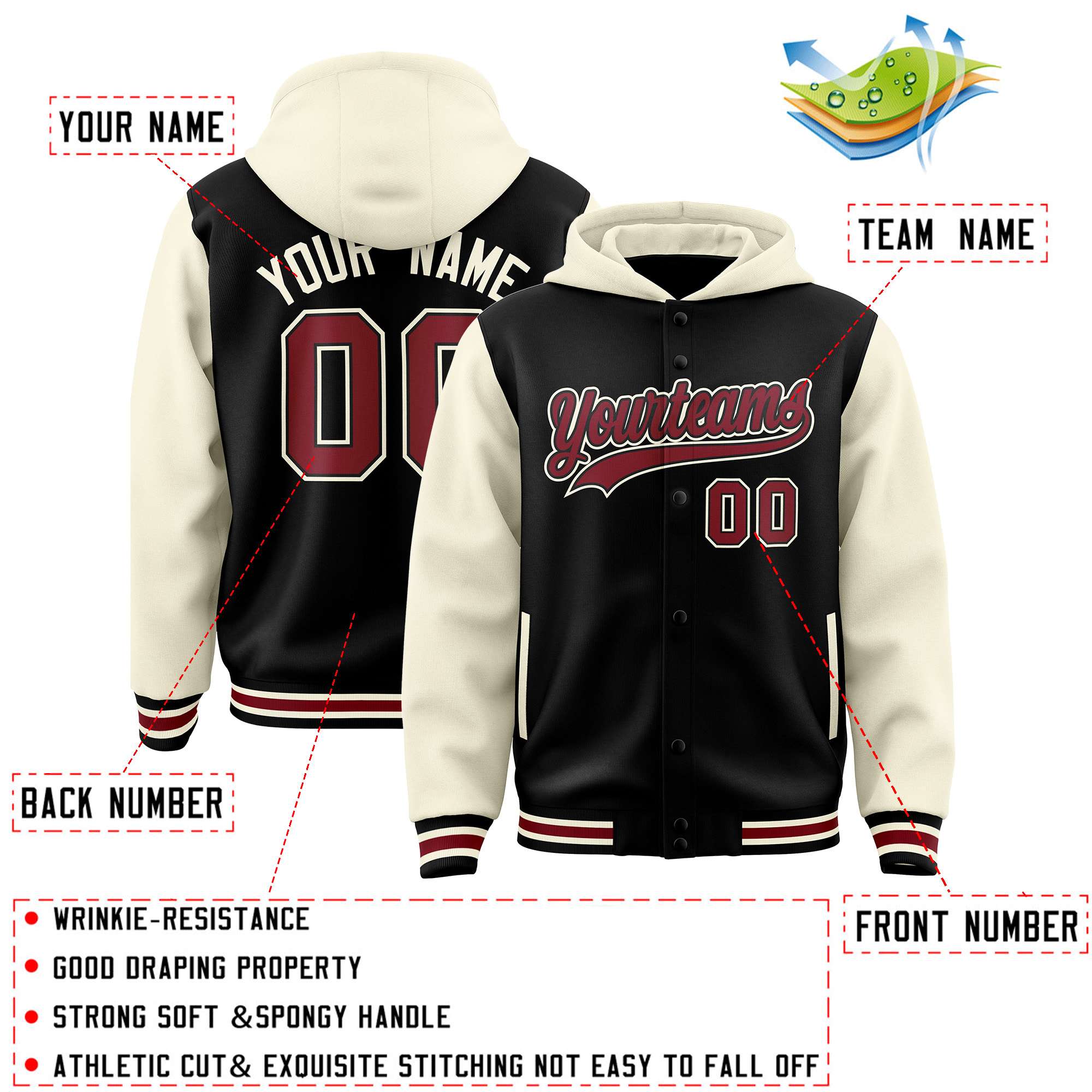Custom Black Cream Raglan Sleeves Varsity Full-Snap Letterman Two Tone Jacket Hoodie| KXKSHOP