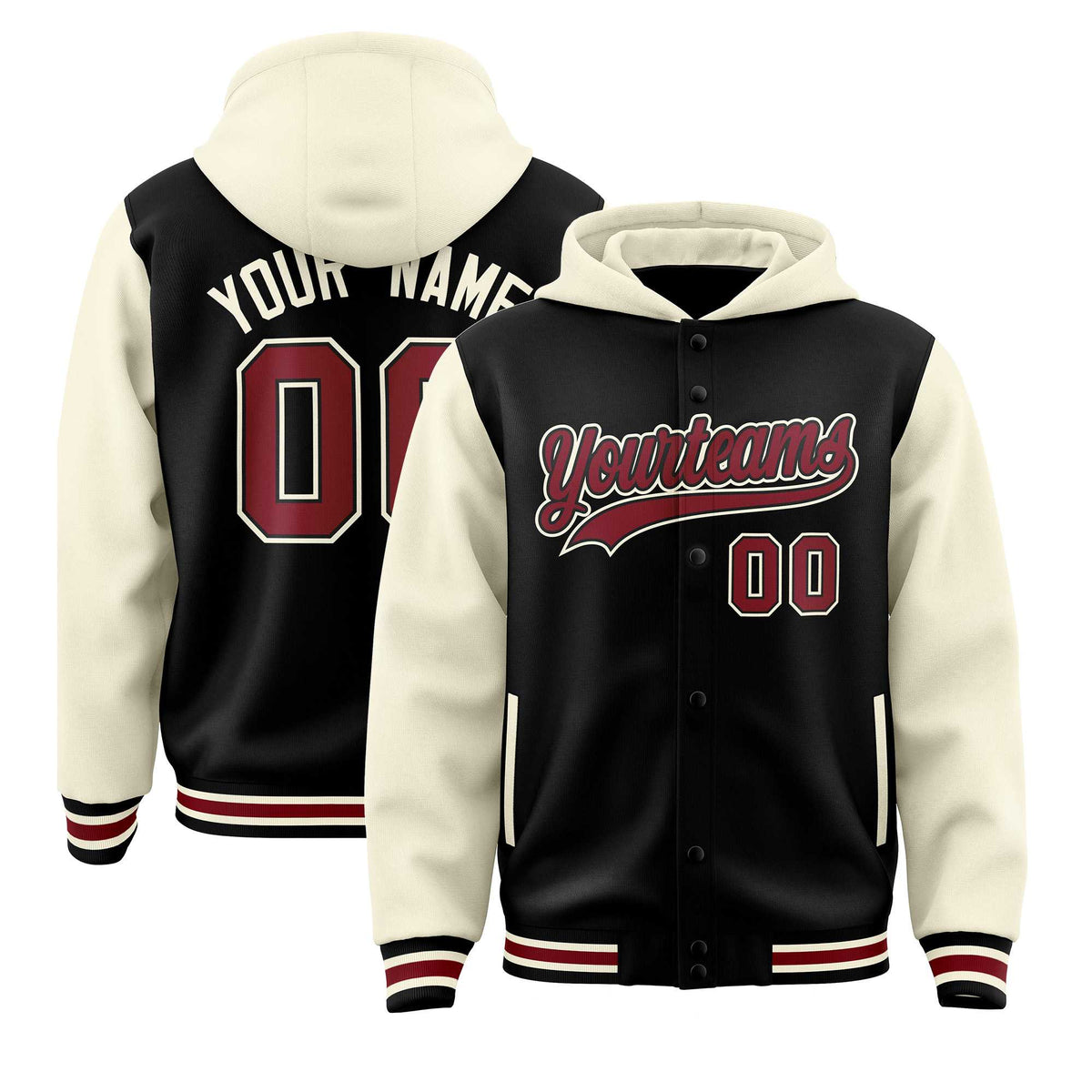 Custom Black Cream Raglan Sleeves Varsity Full-Snap Letterman Two Tone Jacket Hoodie| KXKSHOP