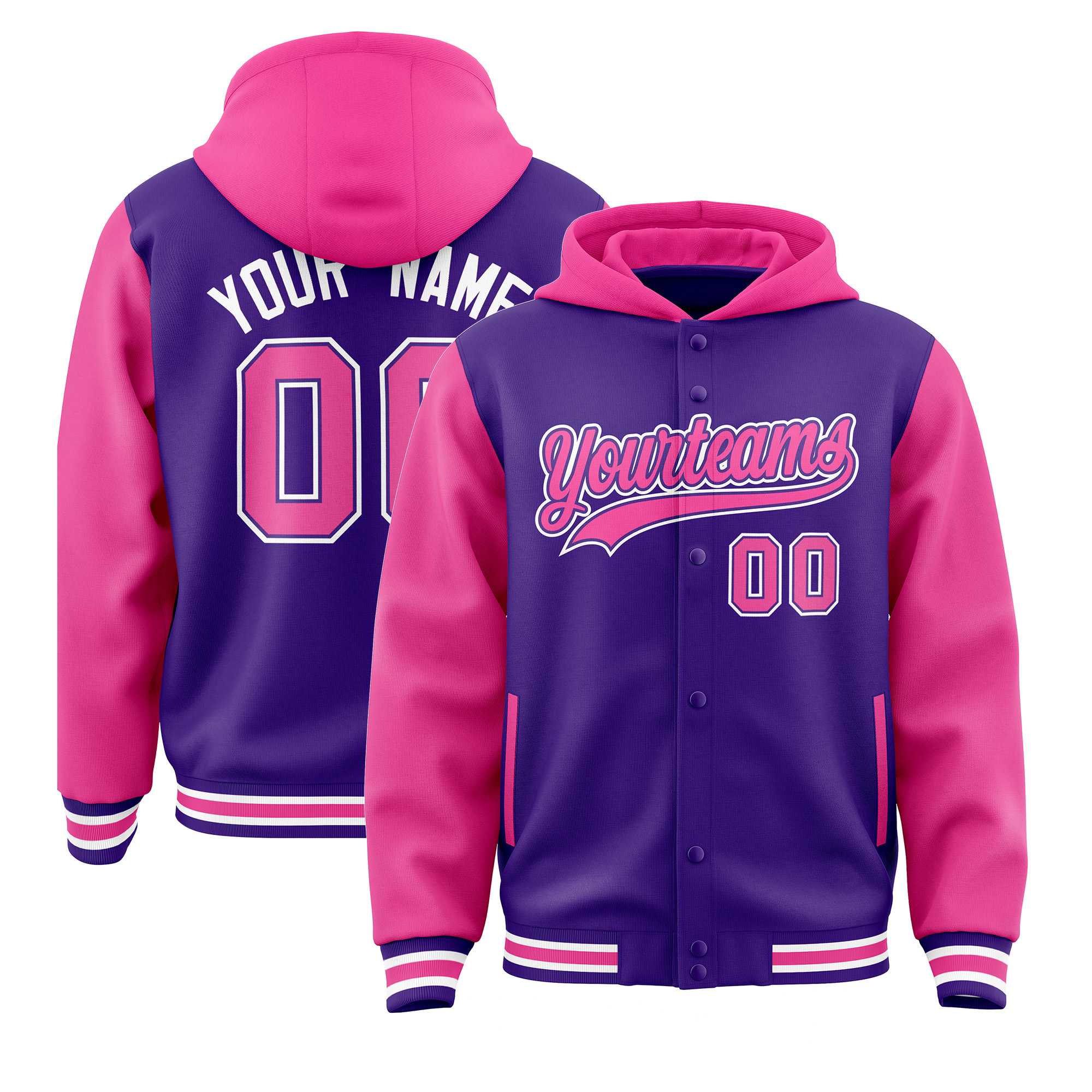 Custom Purple Pink Raglan Sleeves Varsity Full-Snap Letterman Two Tone Jacket Hoodie| KXKSHOP