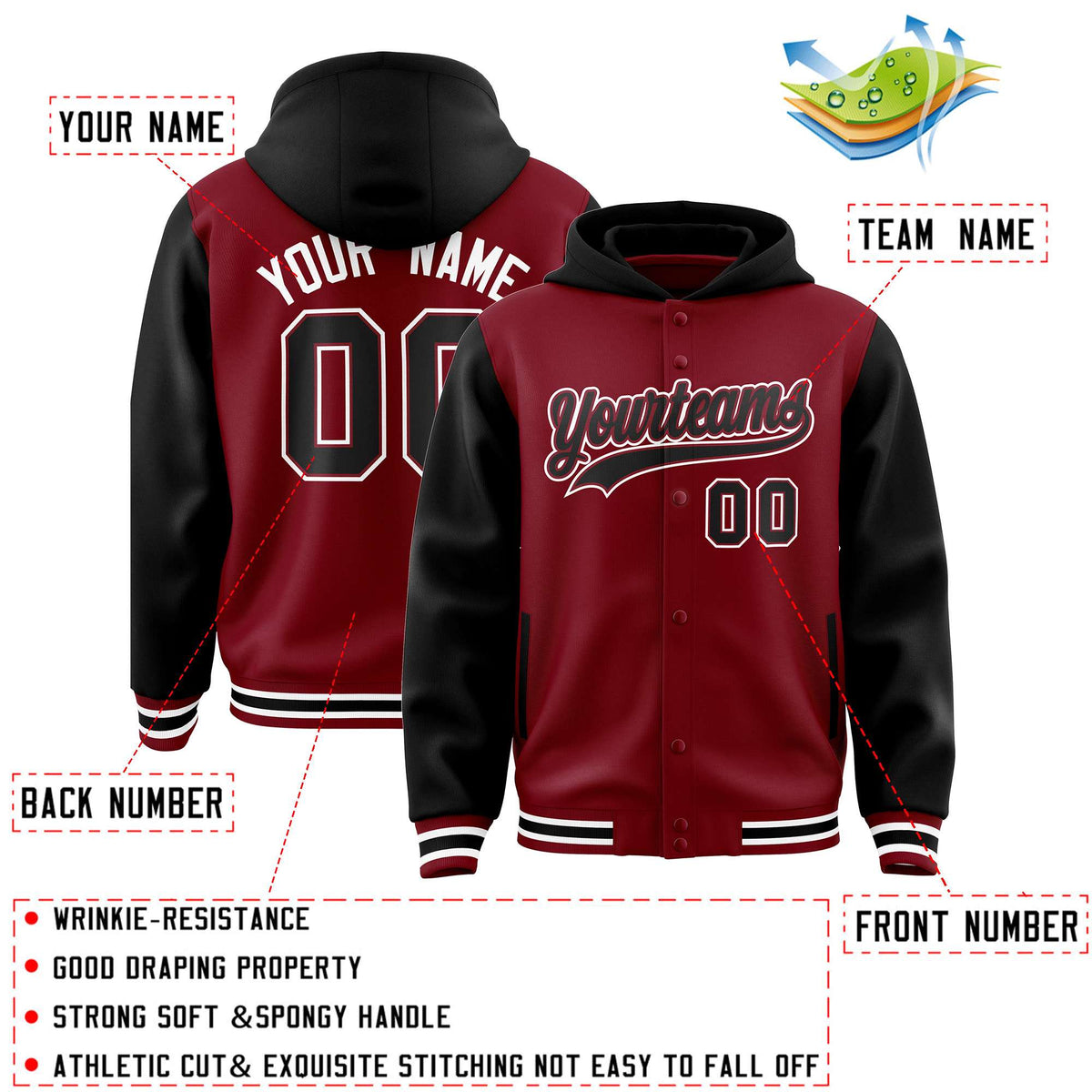 Custom Crimson Black Raglan Sleeves Varsity Full-Snap Letterman Two Tone Jacket Hoodie| KXKSHOP