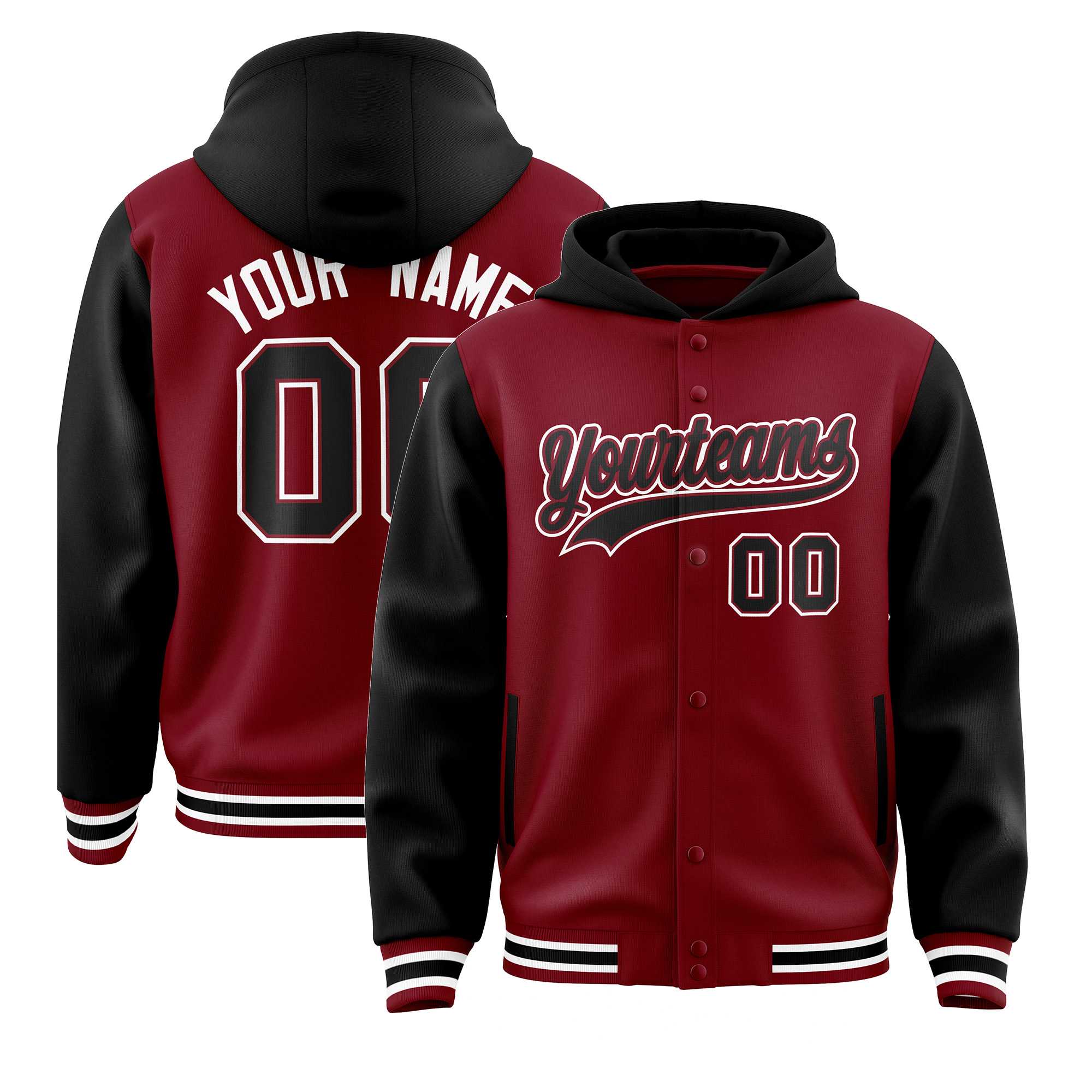 Custom Crimson Black Raglan Sleeves Varsity Full-Snap Letterman Two Tone Jacket Hoodie| KXKSHOP