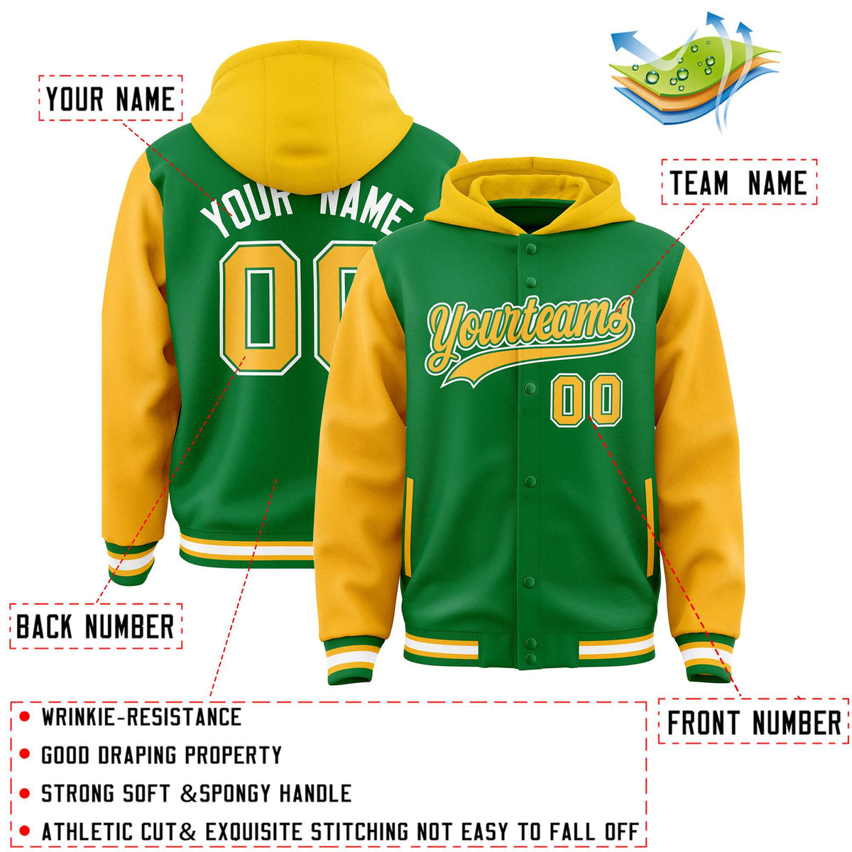 Custom Kelly Green Gold Raglan Sleeves Varsity Full-Snap Letterman Two Tone Jacket Hoodie| KXKSHOP