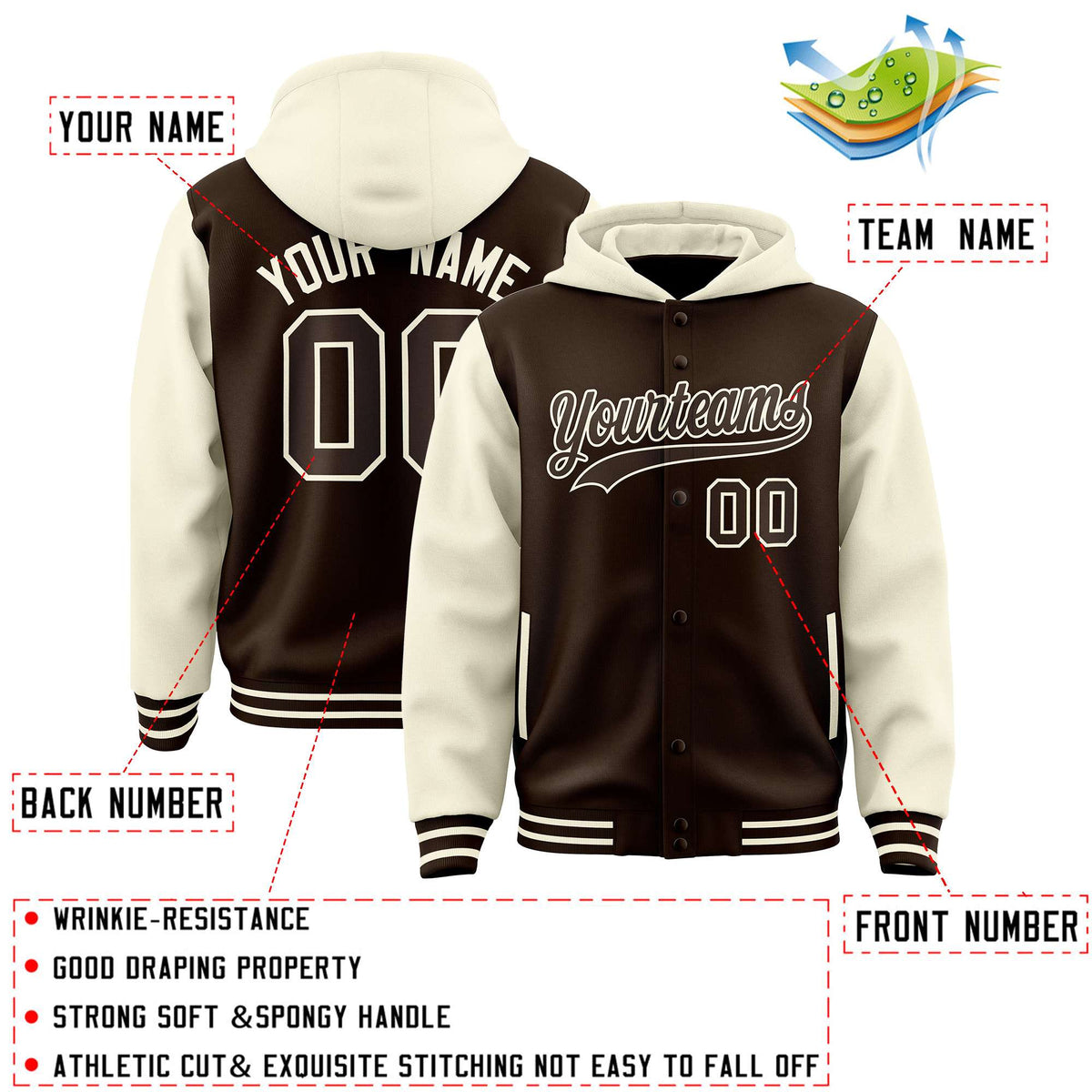 Custom Brown Cream Raglan Sleeves Varsity Full-Snap Letterman Two Tone Jacket Hoodie| KXKSHOP