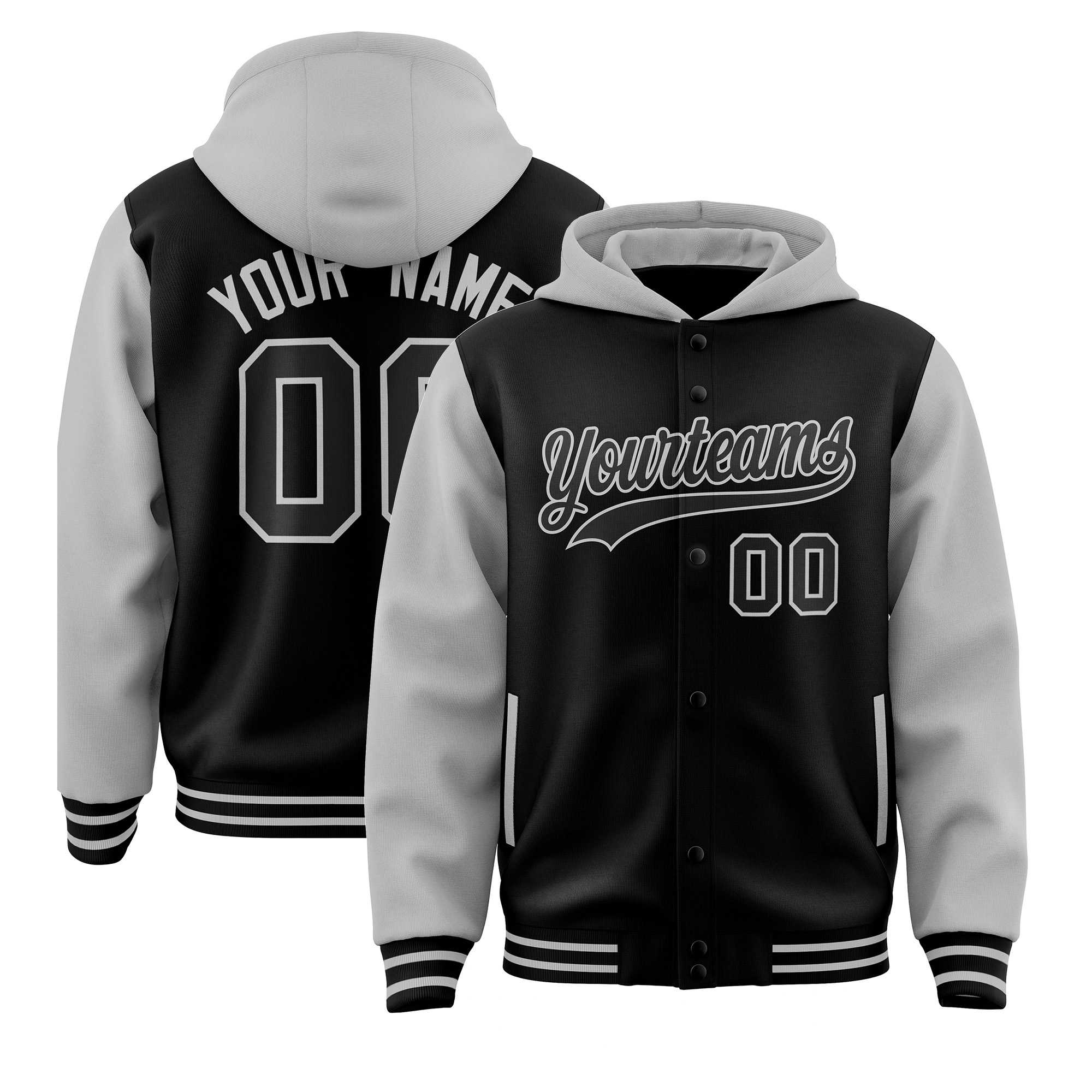 Custom Black Gray Raglan Sleeves Varsity Full-Snap Letterman Two Tone Jacket Hoodie| KXKSHOP