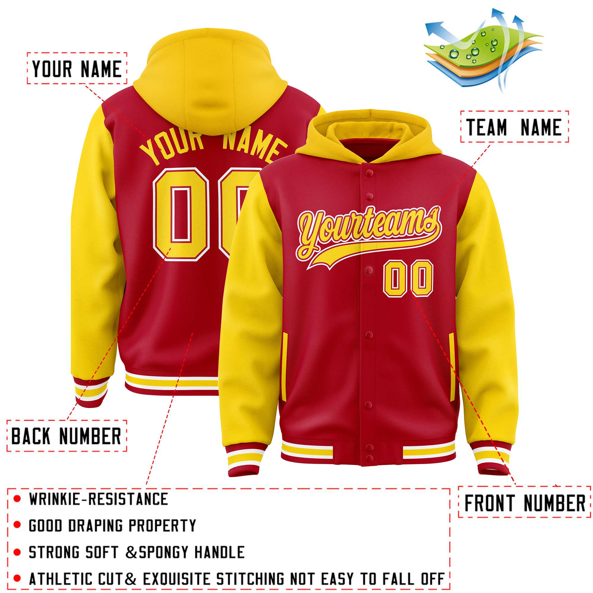 Custom Red Gold Raglan Sleeves Varsity Full-Snap Letterman Two Tone Jacket Hoodie| KXKSHOP