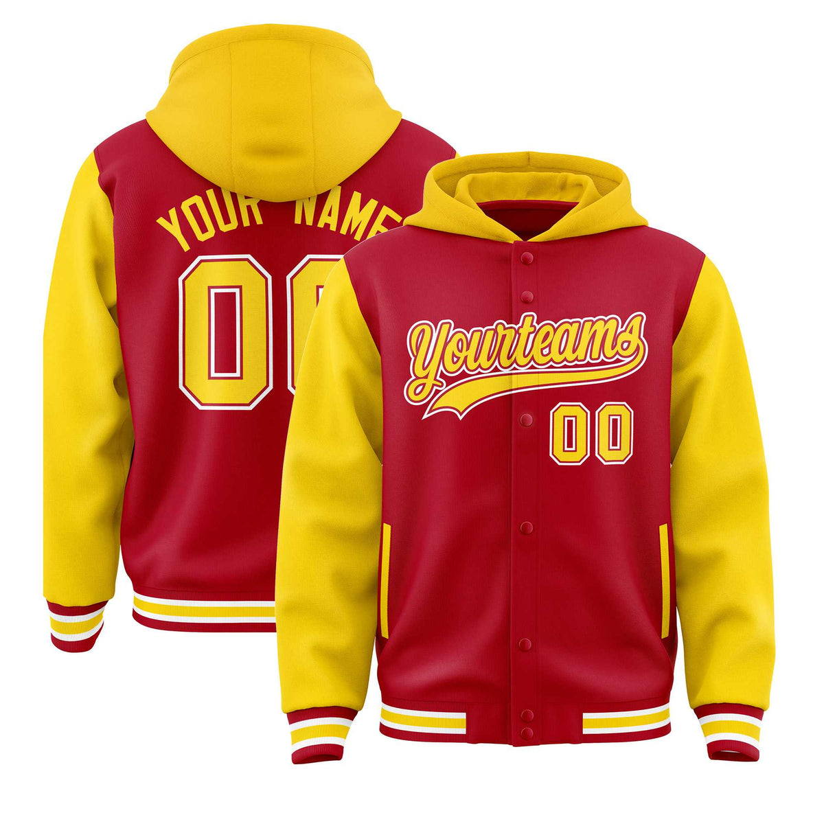 Custom Red Gold Raglan Sleeves Varsity Full-Snap Letterman Two Tone Jacket Hoodie| KXKSHOP