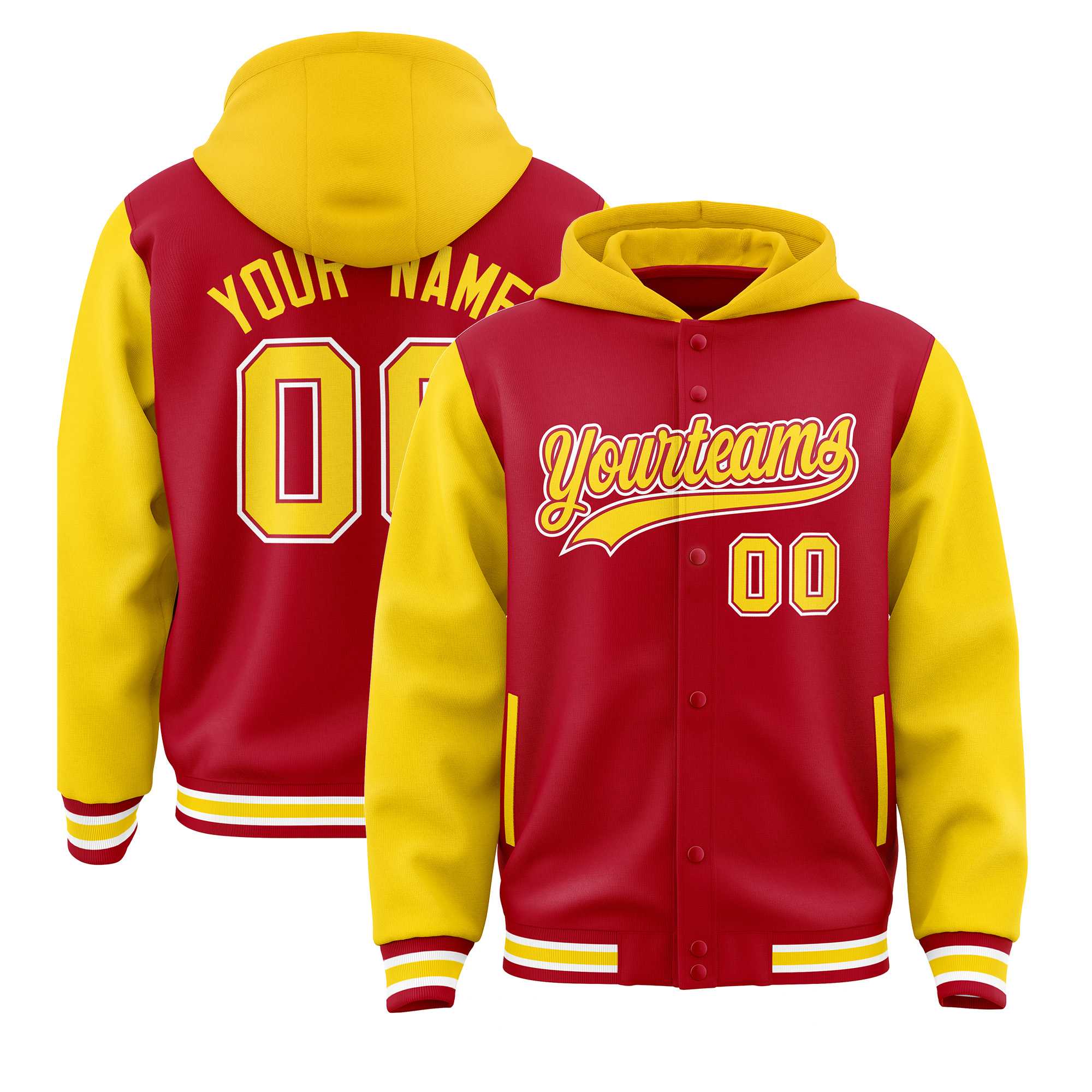 Custom Red Gold Raglan Sleeves Varsity Full-Snap Letterman Two Tone Jacket Hoodie| KXKSHOP